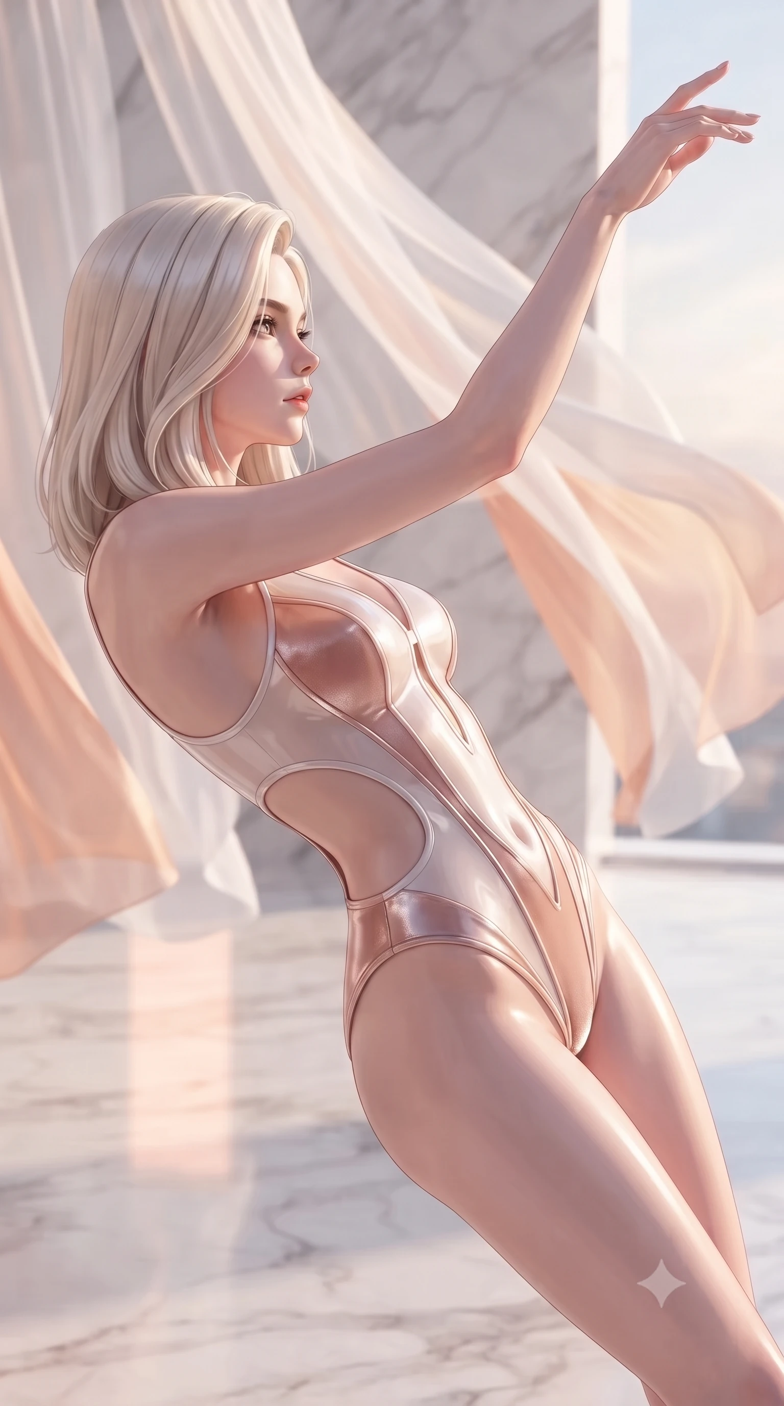 score_9, masterpiece, best quality, ultra-detailed, high-budget anime keyframe, editorial fashion photography, tasteful artistic composition, Caucasian woman. close-up cowboy shot from the waist and thighs up, the character dominates the composition, filling the frame with her large presence, background elements kept in soft focus. Turning her face in sharp profile while her upper body leans forward with poised athletic grace while reaching one arm toward the open sky as billowing silk gossamer curtains flutter nearby, soft rose-gold and amber sunset light reflecting off polished white marble. She has an exceptionally elegant, slender, and willowy female figure with an ultra-slim waist, a gracefully sculpted slender torso, and a refined silhouette. sharp v-shaped jawline, high-bridge nose, intricate jewel-like eyes with depth, thick eyelashes, glossy lips with a natural sheen, flawlessly proportioned anatomical accuracy, natural body alignment, perfectly sculpted elegant limbs, clean dynamic posture without body distortion. wearing a high-cut translucent vinyl leotard with front paneling and open back in pearl white and rose gold, made of premium stretch velvet with a rich sheen, featuring clean architectural cutouts along her slender torso, the form-contouring material highlighting her ultra-slim waist and long lines. surrounded by a bright, luxurious aura of warm sunshine and sky reflections. ultra-reflective glossy finish, specular highlights, metallic sheen, high-contrast stereoscopic depth, volumetric dynamic lighting, 2k, ultra detail, master piece, 9:16 ratio