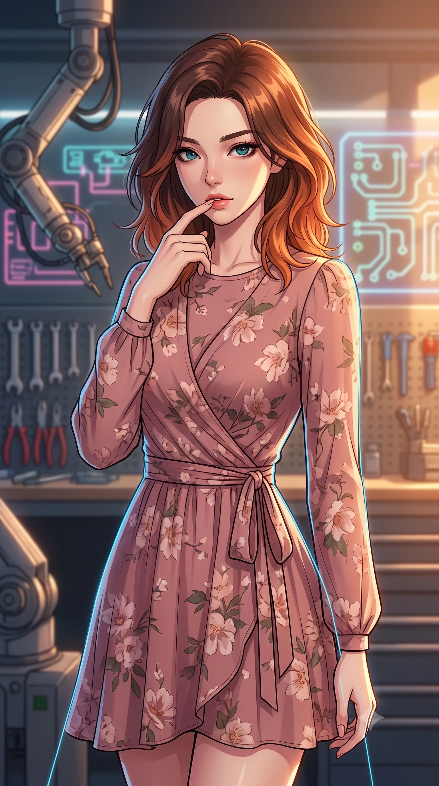 score_9, masterpiece, best quality, ultra-detailed, high-budget anime keyframe, tasteful artistic composition, Korean woman. close-up cowboy shot from the waist and thighs up, the character dominates the composition, filling the frame with her large presence, background elements kept in soft focus. pressing one finger to her bottom lip in a thoughtful, seductive gesture under the warm sun the background shows a soft-focus an automated repair bay with mechanical arms and neon circuit layouts. She has an exceptionally elegant, slender, and willowy female figure with an ultra-slim waist, a gracefully sculpted slender torso, and a refined silhouette. sharp v-shaped jawline, high-bridge nose, intricate jewel-like eyes with depth, thick eyelashes, glossy lips with a natural sheen. wearing a tailored flowy floral-patterned wrap dress in dusty rose chiffon with long sleeves and a modest crew neck. glowing blue laser lines tracing her form with precision. highly saturated vibrant anime colors, cel-shading, 2d style, master piece, 9:16 ratio