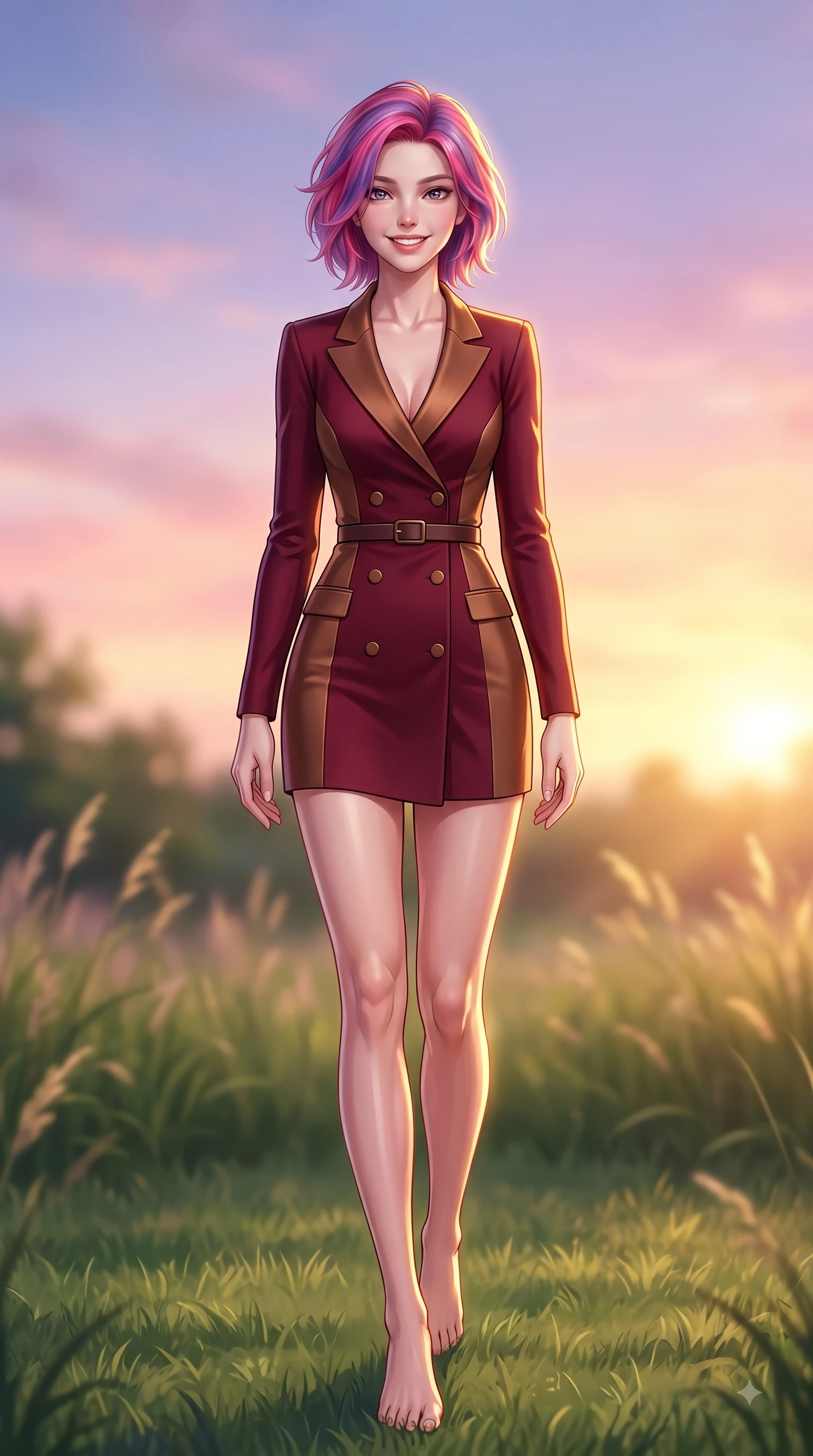 score_9, masterpiece, best quality, ultra-detailed, high-budget anime keyframe, editorial fashion photography, tasteful artistic composition, Caucasian woman. low angle full-body shot from head to toe showing her feet, filling the entire 9:16 vertical frame with her statuesque presence, stretching her vertical silhouette. walking forward in a proud dynamic stride with a cheerful beaming smile, her vertical silhouette filling the frame while resting on her knees on the grass as warm sunset rays illuminate her radiant beauty. The composition keeps background elements in soft focus with dreamy bokeh. swaying park grasses and sunset sky gradients softened in dreamy background focus. She has an absolutely perfect, statuesque 8.5-heads proportion, an exceptionally tall and slender model-like female figure with impossibly long slender legs and an ultra-slim waist. sharp v-shaped jawline, high-bridge nose, intricate jewel-like eyes with depth, thick eyelashes, glossy lips with a natural sheen, flawlessly proportioned anatomical accuracy, natural body alignment, perfectly sculpted elegant limbs, clean dynamic posture without body distortion. wearing a tailored double-breasted blazer dress with a sleek waist belt and clean lines in deep burgundy red and bronze accent, made of premium stretch jersey that follows her curves like a glove, accented with a Tasteful chest slit framing her clavicle gracefully, the sleek second-skin texture accentuating her magnetic presence. illuminated by soft glowing sunset reflections with cheerful golden rim lights. highly saturated vibrant anime colors, detailed shading with soft gradients, rich glossy textures, high-contrast stereoscopic depth, volumetric dynamic lighting, master piece, 9:16 ratio