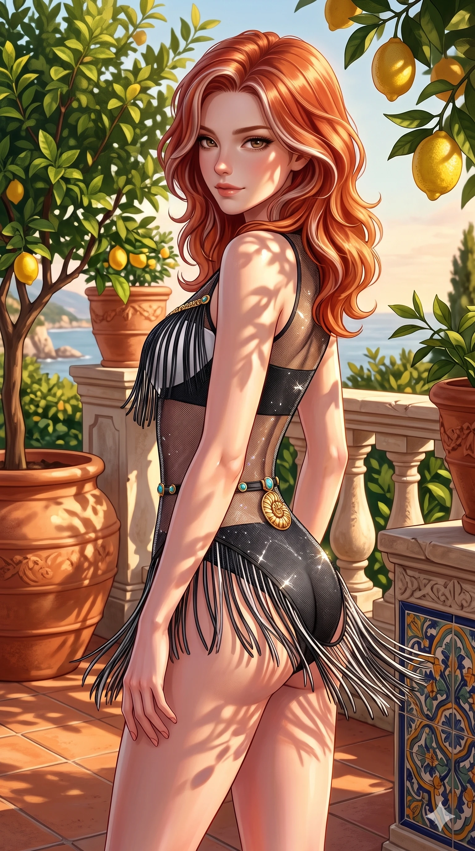 score_9, masterpiece, best quality, ultra-detailed, high-budget anime keyframe, semi-realistic 3D game render, editorial fashion photography, tasteful artistic composition, Caucasian woman. close-up cowboy shot from the waist and thighs up, the character dominates the composition, filling the frame with her large presence. twisting her slender torso in a deep contrapposto stance, hips dramatically shifted to accentuate her feminine curves while looking past her shoulder with smoldering bedroom-eyes while twisting her slender torso in an alluring S-curve between terracotta flower urns, dappled citrus leaf shadows tracing her flat midriff and hourglass curves. The surrounding environment is rendered in vivid detail and crisp panoramic clarity: sharp rough lemon rind texture, carved limestone balustrade chisel marks, and majolica ceramic tile patterns in deep focus. She has an exceptionally elegant, slender, and willowy female figure with an ultra-slim waist, flat toned midriff, narrow ribcage, and sculpted feminine hips creating an alluring, slim hourglass silhouette without bulk. sharp v-shaped jawline, high-bridge nose, sparkling eyes with hypnotic seductive depth, thick curled eyelashes, glossy parted lips with a natural dewy peach sheen, alluring bedroom-eyes with an enchanting coquettish smile, exuding magnetic siren charisma and sophisticated glamour, flawlessly proportioned anatomical accuracy, strict slender model proportions, natural body alignment, perfectly sculpted long slender limbs, ultra-slim waistline, clean dynamic posture without body distortion. wearing a provocative sheer illusion mesh resort bodysuit with fringe trim layered over an opaque bandeau and briefs in high-contrast coastal monochrome with gold hardware, woven from stretch metallic lurex jersey casting radiant starlight glints across her silhouette, accented with an authentic engraved gold nautilus shell medallion and turquoise cabochons, the form-contouring material adhering flawlessly to her sculpted flat midriff and slender torso, emphasizing her long leg lines and perfectly proportioned willowy build. illuminated by terracotta tiled floor bounce and sharp lemon-gold rim lights defining her razor-sharp jawline, narrow waist, and curvy hips. highly saturated vibrant anime colors, detailed shading with soft gradients, rich glossy textures, high-contrast stereoscopic depth, volumetric dynamic lighting, master piece, 9:16 ratio