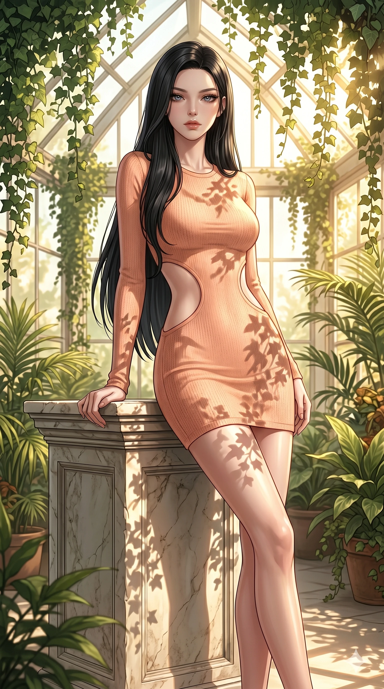 score_9, masterpiece, best quality, ultra-detailed, high-budget anime keyframe, editorial fashion photography, tasteful artistic composition, Korean woman. cowboy shot from the thighs up, character and outfit filling the frame for maximum editorial presence. leaning back against a marble pedestal, looking at the viewer with an air of effortless superiority inside a private sun-washed greenhouse conservatory (Code-P16-012). She has an absolutely perfect 8-heads proportion, an exceptionally tall and slender female figure with impossibly long slender legs and an ultra-slim waist. V-shaped jawline, high-bridge nose, intricate jewel-like eyes with depth, thick eyelashes, glossy lips with a natural sheen. wearing a glove-like peach knit dress with strategic curved cutouts at the waist and hip. drenched in brilliant afternoon sunshine, casting shadows of hanging ivy leaves over her form. 2k, ultra detail, master piece, 9:16 ratio