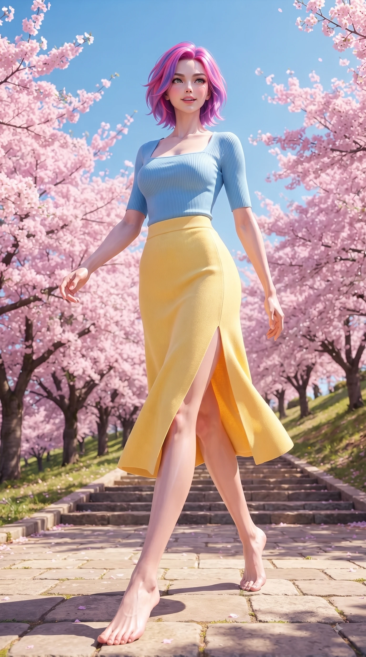 score_9, masterpiece, best quality, ultra-detailed, high-budget anime keyframe, editorial fashion photography, tasteful artistic composition, Caucasian woman. low angle full-body shot from head to toe showing her feet, filling the entire 9:16 vertical frame with her statuesque presence, stretching her vertical silhouette. stepping forward gracefully in mid-motion with a delighted cute expression, displaying her statuesque model proportions while walking up a sunlit hill path lined with blooming cherry trees in full spring bloom. The surrounding environment is rendered in vivid detail and crisp panoramic clarity. endless pink sakura tree arcades, sunlit stone pathways, and clear blue sky in deep focus. She has an absolutely perfect, statuesque 8.5-heads proportion, an exceptionally tall and slender model-like female figure with impossibly long slender legs and an ultra-slim waist. sharp v-shaped jawline, high-bridge nose, intricate jewel-like eyes with depth, thick eyelashes, glossy lips with a natural sheen, flawlessly proportioned anatomical accuracy, natural body alignment, perfectly sculpted elegant limbs, clean dynamic posture without body distortion. wearing a chic square-neck ribbed top paired with a flowing A-line midi skirt in sunny canary yellow and clear sky blue, knitted from soft cozy cashmere yarn, featuring a sleek side leg slit ascending to mid-thigh, the form-contouring material highlighting her ultra-slim waist and long lines. illuminated by soft glowing pink ambient light and clear sky refractions. ultra-reflective glossy finish, specular highlights, metallic sheen, high-contrast stereoscopic depth, volumetric dynamic lighting, 2k, ultra detail, master piece, 9:16 ratio