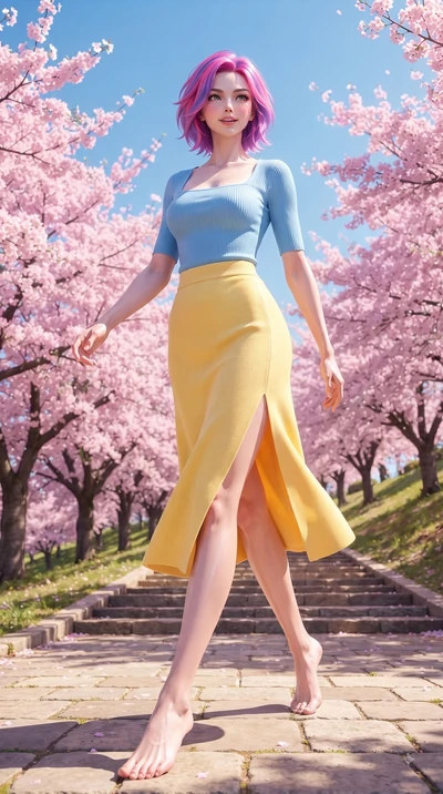 score_9, masterpiece, best quality, ultra-detailed, high-budget anime keyframe, editorial fashion photography, tasteful artistic composition, Caucasian woman. low angle full-body shot from head to toe showing her feet, filling the entire 9:16 vertica