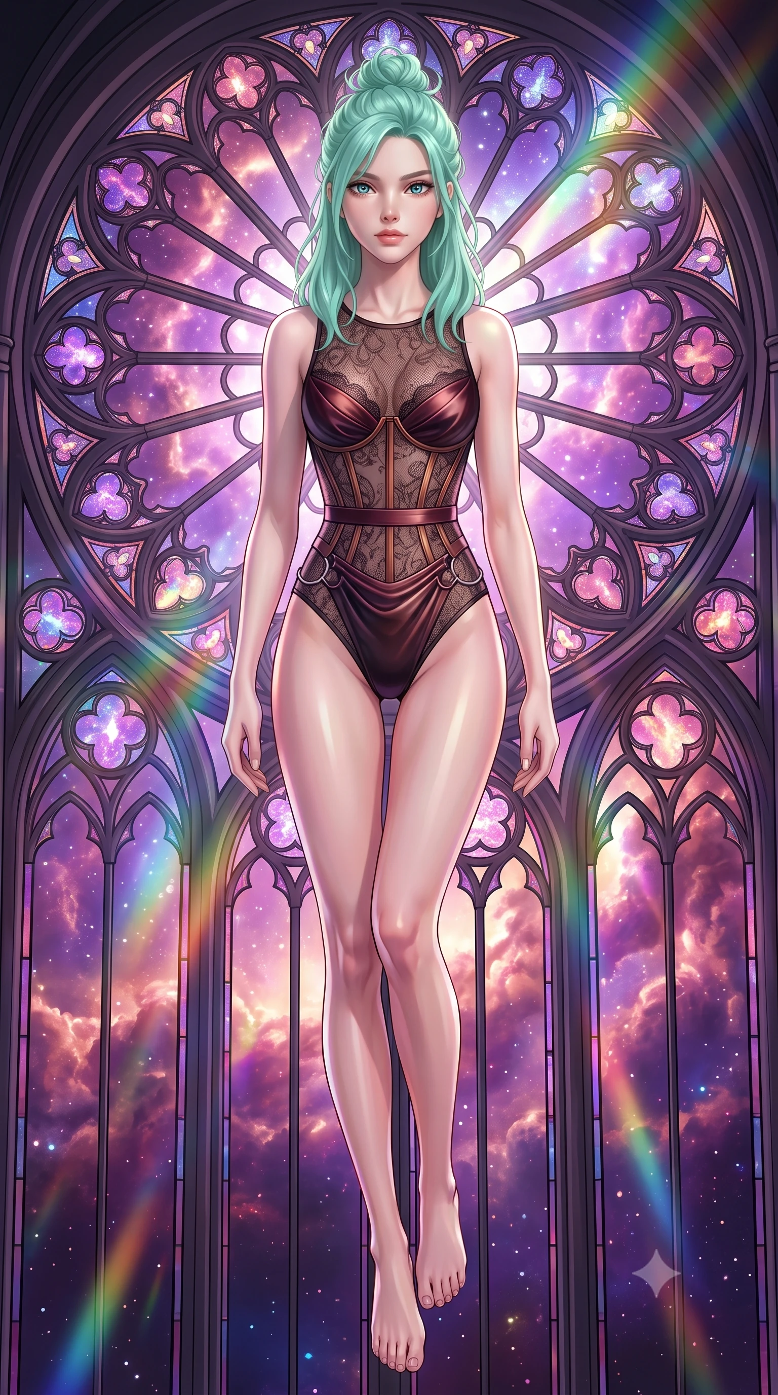 score_9, masterpiece, best quality, ultra-detailed, high-budget anime keyframe, editorial fashion photography, tasteful artistic composition, Japanese woman. low angle full-body shot from head to toe showing her feet, filling the entire 9:16 vertical frame with her statuesque presence, stretching her vertical silhouette. pivoting dynamically in zero-gravity with fluid body alignment, displaying her perfect model proportions while performing a mid-air rotation in front of a giant stained glass rose window in space, vivid purple and rose-gold nebula clouds glowing through cathedral-like arches. She has an absolutely perfect, statuesque 8.5-heads proportion, an exceptionally tall and slender model-like female figure with impossibly long slender legs and an ultra-slim waist. sharp v-shaped jawline, high-bridge nose, intricate jewel-like eyes with depth, thick eyelashes, glossy lips with a natural sheen, flawlessly proportioned anatomical accuracy, natural body alignment, perfectly sculpted elegant limbs, clean dynamic posture without body distortion. wearing a sheer dark lace pattern bodysuit with structured corsetry boning in deep burgundy and bronze, crafted from lustrous satin jersey with fluid draping, accented with delicate chrome ring hardware framing her waist, the sleek second-skin texture accentuating her magnetic presence. illuminated by cascading rainbow prismatic light refracting through stained glass. highly saturated vibrant anime colors, detailed shading with soft gradients, rich glossy textures, high-contrast stereoscopic depth, volumetric dynamic lighting, master piece, 9:16 ratio