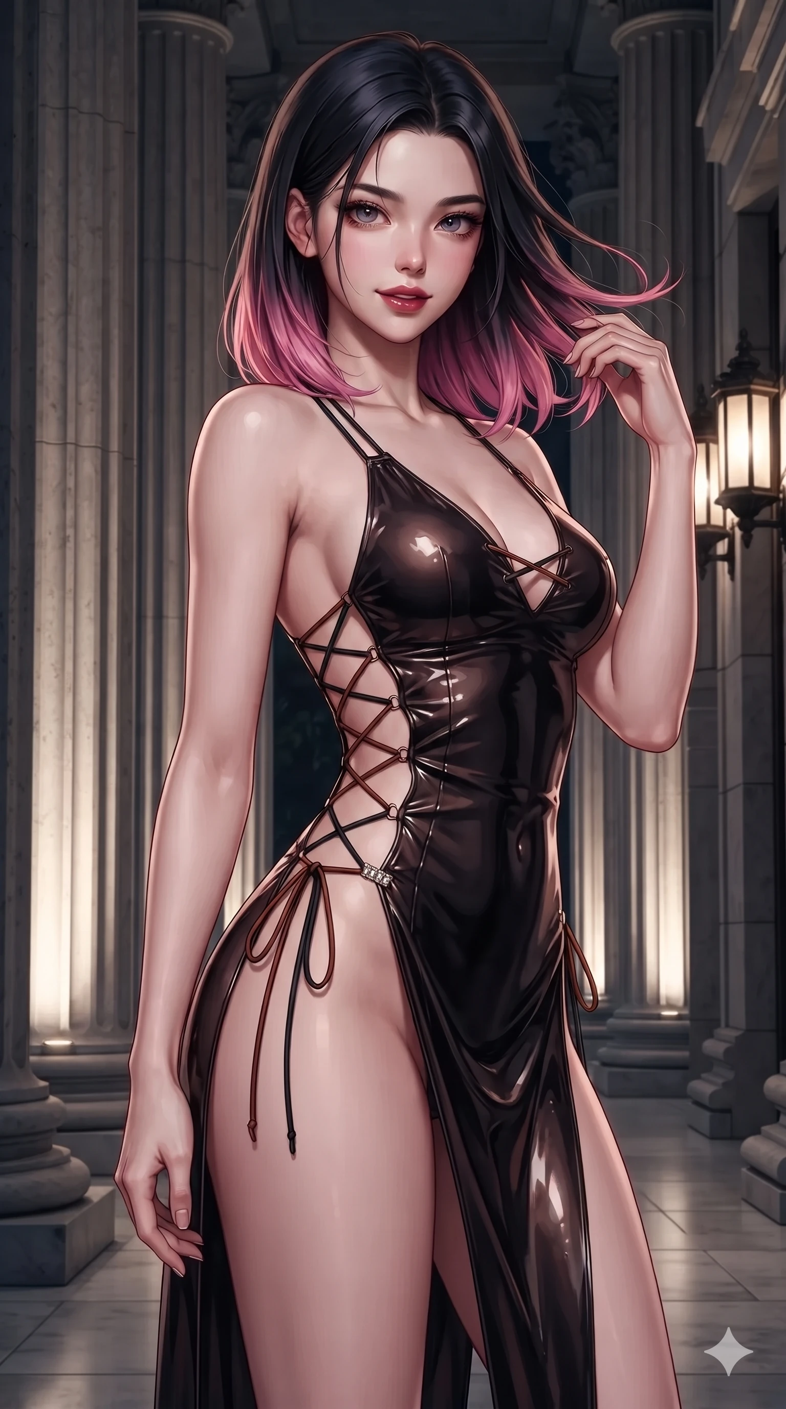 score_9, masterpiece, best quality, ultra-detailed, high-budget anime keyframe, editorial fashion photography, tasteful artistic composition, Korean woman. close-up cowboy shot from the waist and thighs up, the character dominates the composition, filling the frame with her large presence. tilting her head with a teasing half-smile, running one hand slowly down the side of her hip in a flirtatious S-curve as ambient neon caresses her silhouette while standing tall between classical stone columns, arching her lower back with sovereign supermodel grace as evening breezes whip through her hair. The surrounding environment is rendered in vivid detail and crisp panoramic clarity: sharp fluted stone column chiseling, polished marble portico tile seams, and cast-bronze entrance lamp details in deep focus. She has an exceptionally elegant, slender, and willowy female figure with an ultra-slim waist, flat toned midriff, narrow ribcage, and sculpted feminine hips creating an alluring, slim hourglass silhouette without bulk. sharp v-shaped jawline, high-bridge nose, intricate jewel-like dark sparkling eyes with dangerous depth, thick curled eyelashes, glossy parted lips with a rich wine sheen, smoldering seductive half-smile with bedroom-eyes, exuding effortless superiority and intoxicating dark allure, flawlessly proportioned anatomical accuracy, strict slender model proportions, natural body alignment, perfectly sculpted long slender limbs, ultra-slim waistline, clean dynamic posture without body distortion. wearing a low-slung cutaway leather bodysuit with bare hip flanks and criss-cross cord ties in dark burnt copper and matte black, crafted from wet-look high-gloss vinyl fabric with dazzling specular surface reflections, finished with an ultra-high side slit secured by miniature jeweled clasps, the form-contouring cut accentuating her sculpted flat midriff, narrow delicate ribcage, and gracefully curvy hips with intoxicating allure. bathed in dramatic architectural uplights washing vertically across classical stone pillars. ultra-reflective glossy finish, specular highlights, rich textural contrasts, high-contrast stereoscopic depth, volumetric dynamic lighting, 2k, ultra detail, master piece, 9:16 ratio