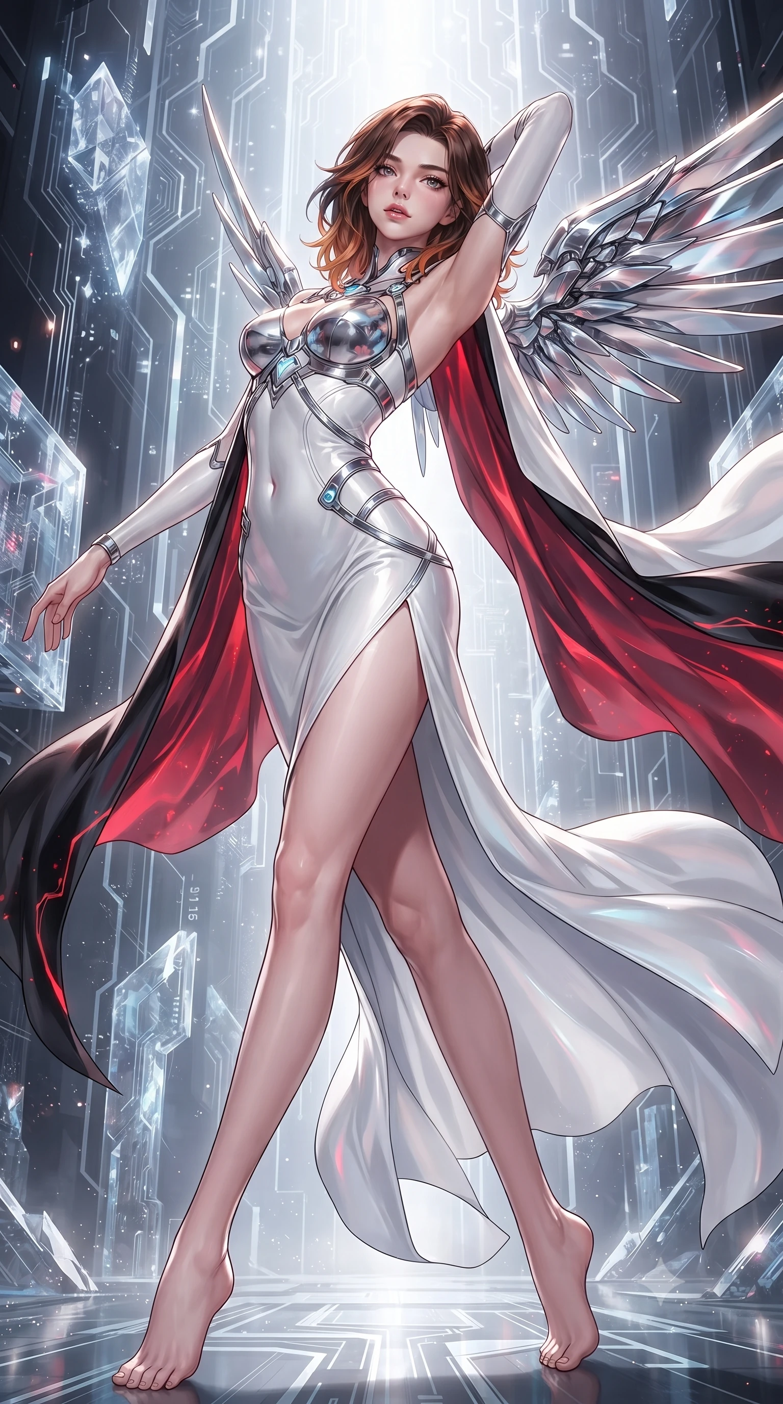 score_9, masterpiece, best quality, ultra-detailed, high-budget anime keyframe, editorial fashion photography, tasteful artistic composition, Korean woman. low angle full-body shot from head to toe showing her feet, filling the entire 9:16 vertical frame with her statuesque presence, stretching her vertical silhouette. arching her spine in a fluid zero-gravity turn with sovereign grace, her long slender legs and sculpted torso creating a sweeping line while arching her spine in a fluid stretch with sovereign grace as mechanical chrome wings expand gracefully behind her statuesque torso. The surrounding environment is rendered in vivid detail and crisp panoramic clarity. high-contrast futuristic chiaroscuro and sacred cybernetic architecture rendered with environmental sharpness. She has an absolutely perfect, statuesque 8.5-heads proportion, an exceptionally tall and slender model-like female figure with impossibly long slender legs, a toned flat midriff, and an ultra-slim waist. sharp v-shaped jawline, high-bridge nose, intricate jewel-like eyes with depth, thick eyelashes, glossy lips with a natural sheen, flawlessly proportioned anatomical accuracy, strict slender model proportions, natural body alignment, perfectly sculpted long slender limbs, ultra-slim waistline, clean dynamic posture without body distortion. wearing a form-contouring white liquid-mercury gown with polished silver biomechanical breastplate and flowing luminescent chiffon cape in high-gloss obsidian black and burning laser crimson accents, crafted from ultra-reflective second-skin liquid metal with a mirror-like polish, reinforced by a sleek metallic chrome harness and delicate glowing micro-straps, the liquid-tight tailored fabric emphasizing every curve of her tall, slender model proportions and sculptured silhouette during dynamic movement. illuminated by crisp white key light and sharp specular rim highlights tracing her slender curves. ultra-reflective glossy finish, specular highlights, dark metallic sheen, high-contrast stereoscopic depth, volumetric dynamic lighting, 2k, ultra detail, master piece, 9:16 ratio
