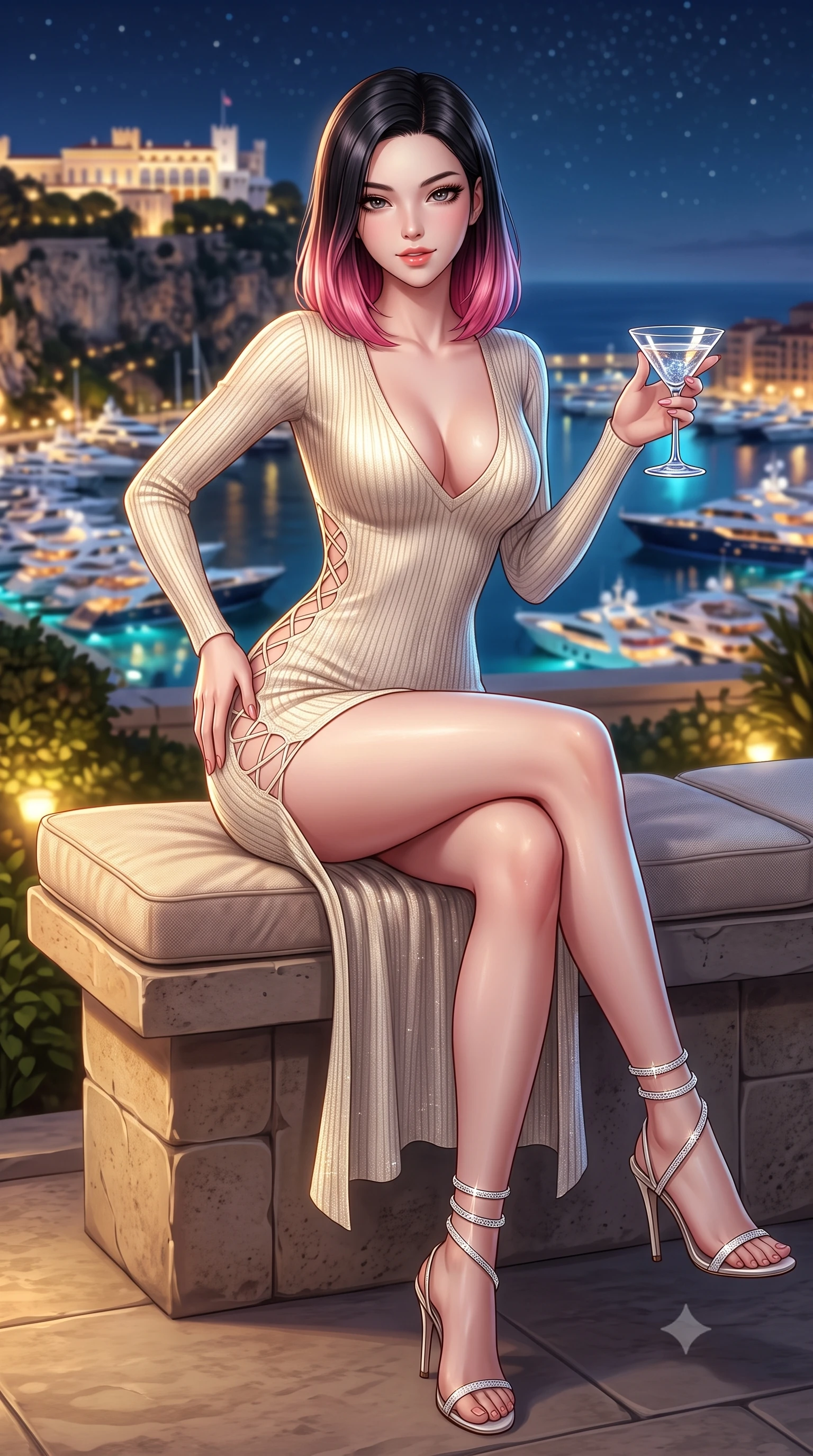score_9, masterpiece, best quality, ultra-detailed, high-budget anime keyframe, semi-realistic 3D game render, editorial fashion photography, tasteful artistic composition, Korean woman. close-up cowboy shot from the waist and thighs up, the character dominates the composition, filling the frame with her large presence. tilting her head with a teasing half-smile, running one hand slowly down the side of her hip in a flirtatious S-curve as ambient light caresses her silhouette while sitting perched on the cushioned stone bench with legs extended, holding a crystal cocktail glass with dangerous high-fashion cool. The background shows a soft-focus hundreds of illuminated luxury yachts moored in Port Hercules, Prince's Palace on the rock cliff, and starry sky blurred into aquamarine, gold, and sapphire bokeh. She has an exceptionally elegant, slender, and willowy female figure with an ultra-slim waist, flat toned midriff, narrow ribcage, and sculpted feminine hips creating an alluring, slim hourglass silhouette without bulk. sharp v-shaped jawline, high-bridge nose, sparkling eyes with hypnotic seductive depth, thick curled eyelashes, glossy parted lips with a natural dewy peach sheen, alluring bedroom-eyes with an enchanting coquettish smile, exuding magnetic siren charisma and sophisticated glamour, flawlessly proportioned anatomical accuracy, strict slender model proportions, natural body alignment, perfectly sculpted long slender limbs, ultra-slim waistline, clean dynamic posture without body distortion. wearing a plunging V-neck fine rib-knit sweater dress with daring side-lace openings tracing her hip curve in pure alabaster with golden sheen, woven from stretch metallic lurex jersey casting radiant starlight glints across her silhouette, complemented by strappy stiletto sandals with crystal ankle wraps accentuating her slender calves, the glove-like clinging cut tightly following the natural contour of her hips and long slender legs with youthful 8.5-heads elegance. bathed in warm garden landscape uplighting mixed with dynamic multi-color reflections from harbor yachts. highly saturated vibrant anime colors, detailed shading with soft gradients, rich glossy textures, high-contrast stereoscopic depth, volumetric dynamic lighting, master piece, 9:16 ratio