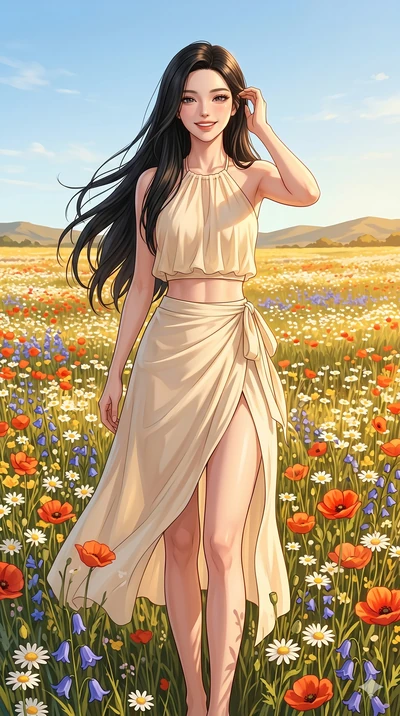 score_9, masterpiece, best quality, ultra-detailed, high-budget anime keyframe, editorial fashion photography, tasteful artistic composition, Korean woman. cowboy shot from the thighs up, character and outfit filling the frame for maximum editorial p
