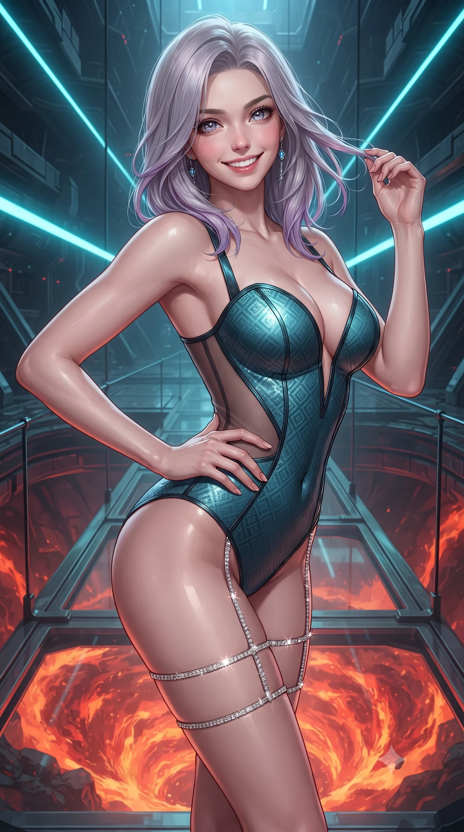 score_9, masterpiece, best quality, ultra-detailed, high-budget anime keyframe, editorial fashion photography, tasteful artistic composition, Caucasian woman. close-up cowboy shot from the waist and thighs up, the character dominates the composition, filling the frame with her large presence. twisting her slender torso in an alluring contrapposto stance, one hand resting on her sculpted hip while her fingers toy with her hair with effortless poise while standing poised on the suspended glass-and-titanium platform directly over a churning subterranean magma vortex, arching her back with high-fashion supermodel confidence. The surrounding environment is rendered in vivid detail and crisp panoramic clarity: detailed dress uniform tailoring, metallic insignias, and futuristic deep-earth energy architecture in razor-sharp precision. She has an exceptionally elegant, slender, and willowy female figure with an ultra-slim waist, flat toned midriff, narrow ribcage, and sculpted feminine hips creating an alluring, slim hourglass silhouette without bulk. sharp v-shaped jawline, high-bridge nose, intricate jewel-like sparkling eyes with depth, thick eyelashes, glossy parted lips with a natural peach sheen, bright cheerful beaming smile with an enchanting and coquettish sensual glint, exuding both youthful cute charm and seductive allure, flawlessly proportioned anatomical accuracy, strict slender model proportions, natural body alignment, perfectly sculpted long slender limbs, ultra-slim waistline, clean dynamic posture without body distortion. wearing an alluring plunging sweetheart tactical bodice with sheer mesh side-waist cutouts contouring her ribs in Europa abyssal turquoise and ice-shelf diamond, woven from structured carbon-fiber jacquard with rich textural depth, finished with delicate crystal-encrusted thigh garter straps glinting in the dim light, the bespoke structured tailoring following the natural line of her 8.5-heads silhouette with refined elegance. bathed in the dual illumination of searing 2200K subterranean magma radiance and cold 480nm cyan magnetic containment lasers. ultra-reflective glossy finish, specular highlights, rich textural contrasts, high-contrast stereoscopic depth, volumetric dynamic lighting, 2k, ultra detail, master piece, 9:16 ratio