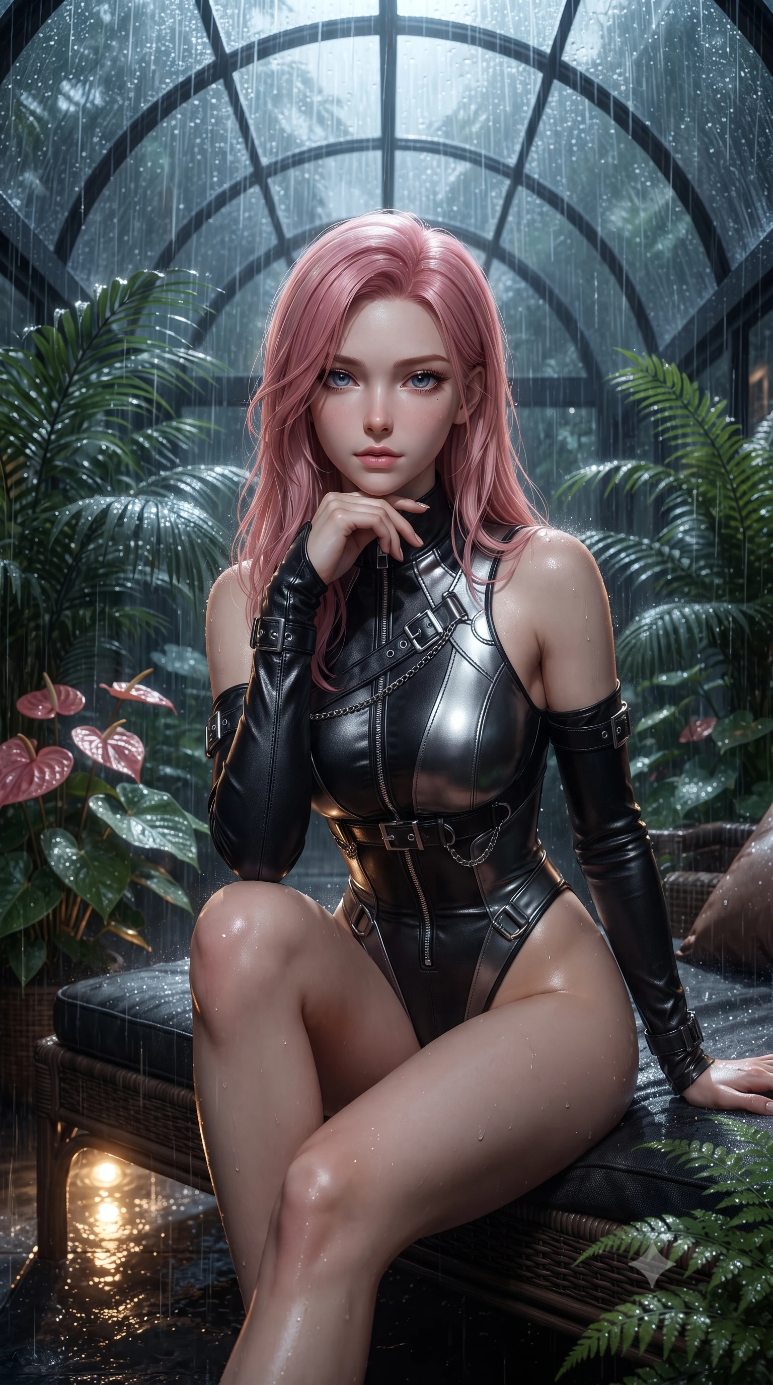 score_9, masterpiece, best quality, ultra-detailed, high-budget anime keyframe, editorial fashion photography, tasteful artistic composition, Japanese woman. close-up cowboy shot from the waist and thighs up, the character dominates the composition, filling the frame with her large presence, background elements kept in soft focus. Resting her chin on the backs of her fingers with an air of effortless superiority, resting on a dark rattan daybed surrounded by humid, dew-covered tropical flora, torrential rain streaming down glass roof glinting under warm floor spotlights. She has an exceptionally elegant, slender, and willowy female figure with an ultra-slim waist, a gracefully sculpted slender torso, and a refined silhouette. sharp v-shaped jawline, high-bridge nose, intricate jewel-like eyes with depth, thick eyelashes, glossy lips with a natural sheen. wearing asymmetric high-cut cyber-bodysuit with detached sleeves in onyx black in metallic dark silver, made of polished black leather, framed by dark titanium buckles and silver chain details, contouring every curve with an exceptionally elegant silhouette. bathed in wet rain reflections and deep shadowy background contrast. ultra-reflective glossy finish, specular highlights, metallic sheen, high-contrast stereoscopic depth, volumetric dynamic lighting, 2k, ultra detail, master piece, 9:16 ratio