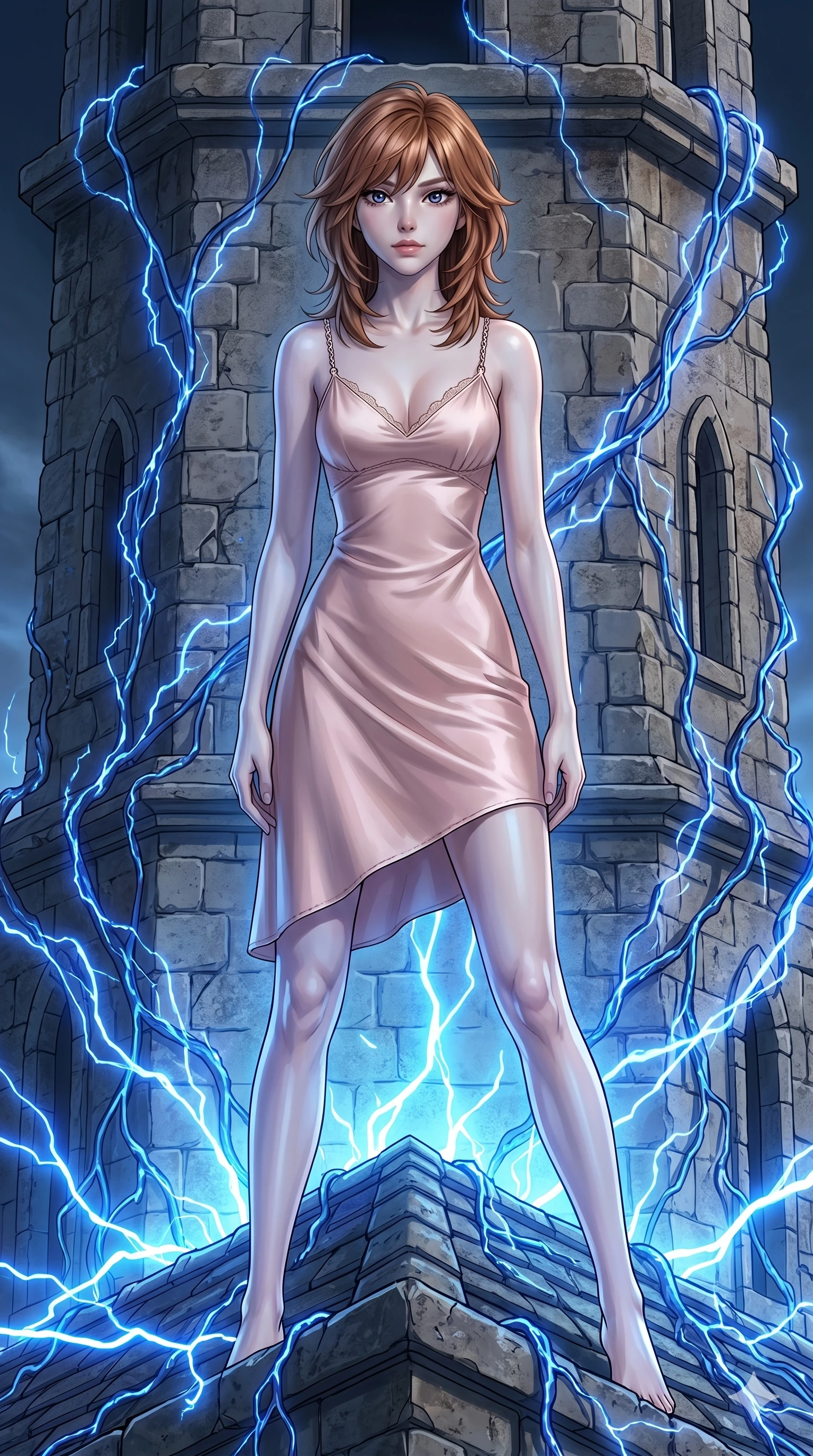 score_9, masterpiece, best quality, ultra-detailed, high-budget anime keyframe, editorial fashion photography, tasteful artistic composition, Korean woman. cowboy shot from the thighs up, character and outfit filling the frame for maximum editorial presence. Holding steady direct eye contact with magnetic, commanding confidence atop an ancient stone tower wrapped in climbing vines of cobalt electric energy. She has an absolutely perfect 8-heads proportion, an exceptionally tall and slender female figure with impossibly long slender legs and an ultra-slim waist. V-shaped jawline, high-bridge nose, intricate jewel-like eyes with depth, thick eyelashes, glossy lips with a natural sheen. wearing a blush silk-charmeuse architectural slip dress with delicate chain straps, a gentle V-neckline with lace trim, and a bias-cut body that drapes elegantly over her form and falls to mid-thigh. highlighted by pulsing electric blue plasma arc lighting from below, casting dramatic upward shadows. 2k, ultra detail, master piece, 9:16 ratio