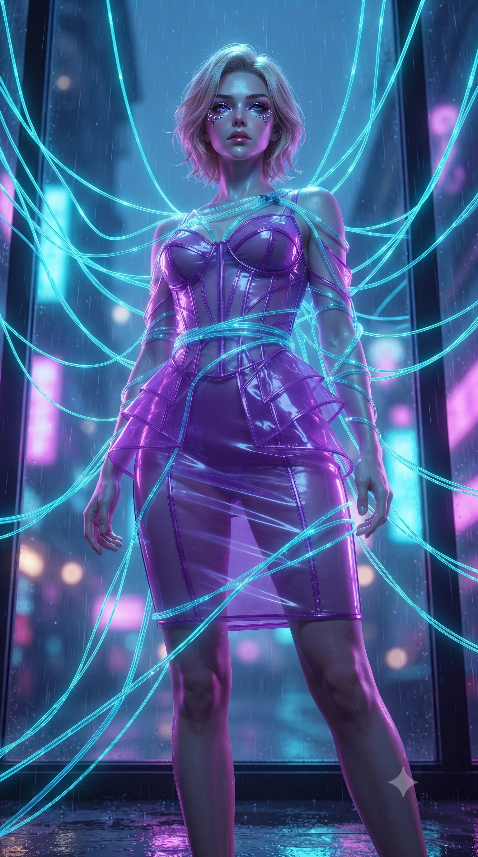 score_9, masterpiece, best quality, ultra-detailed, High-budget Anime Keyframe, editorial fashion photography, tasteful artistic composition, realistic cosplay photography, Caucasian woman, strictly human ears. Low angle cowboy shot filling the entire 9:16 frame with her statuesque presence. Scenario 513: tangled in a web of glowing cyan fiber-optic cables inside a glowing neon window at twilight with soft rain falling. Her presence is magnetic and overpowering in this high-budget cinematic scene. Outfit 513: a tailored neon violet sheer organza corset dress featuring layered translucent panels over a sleek slip dress. The clothing is designed to emphasize her exceptionally tall and slender 8-heads proportion. 8-heads proportion, towering silhouette, ultra-slim waist. sharp v-shaped jawline, intricate jewel-like eyes with depth, thick eyelashes, glossy lips. ultra-reflective glossy finish, specular highlights, metallic sheen, high-contrast stereoscopic depth, volumetric dynamic lighting, 2k, ultra detail, master piece, 9:16 ratio