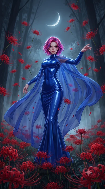 score_9, masterpiece, best quality, ultra-detailed, High-budget Anime Keyframe, Caucasian woman, strictly human ears. Low angle cowboy shot filling the entire 9:16 frame with her statuesque presence. Scenario 417: dancing amidst falling red spider li