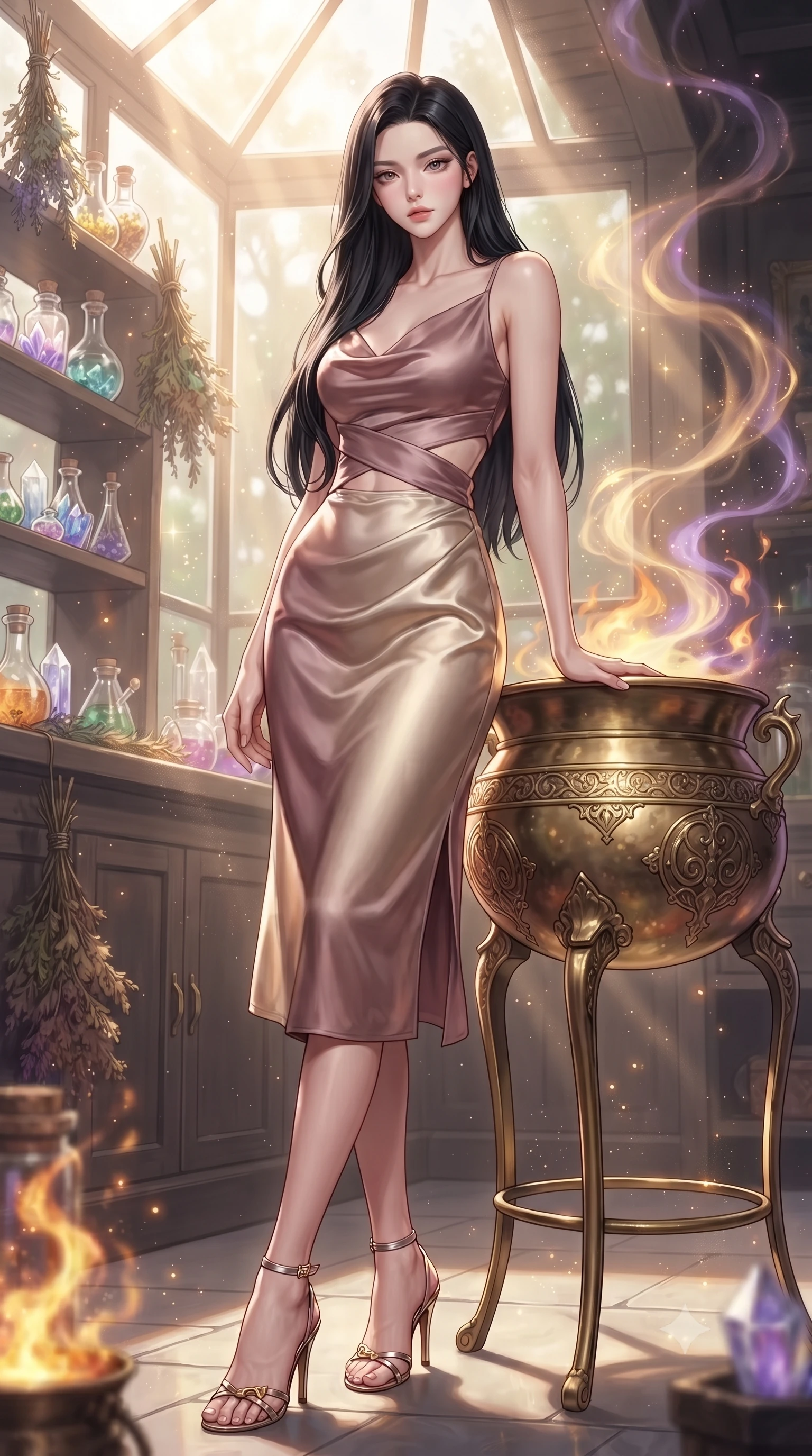 score_9, masterpiece, best quality, ultra-detailed, high-budget anime keyframe, editorial fashion photography, tasteful artistic composition, Korean woman. low angle full-body shot from head to toe showing her feet, filling the entire 9:16 vertical frame with her statuesque presence, stretching her vertical silhouette. navigating the luminous space with effortless poise, displaying her perfect model proportions poised beside a brass potion cauldron emitting glowing golden and violet vapors, glowing herbal spores drifting in magical sunbeams filtering through glass. She has an absolutely perfect, statuesque 8.5-heads proportion, an exceptionally tall and slender model-like female figure with impossibly long slender legs and an ultra-slim waist. sharp v-shaped jawline, high-bridge nose, intricate jewel-like eyes with depth, thick eyelashes, glossy lips with a natural sheen. wearing an elegant cowl-neck satin midi dress with a draped neckline in dusty rose and champagne gold, crafted from lustrous satin jersey with fluid draping, featuring subtle geometric cutouts that highlight her ultra-slim midriff, the elegant draped fit framing her graceful clavicle and slender torso. illuminated by amber potion flames and sparkling spore highlights. highly saturated vibrant anime colors, detailed shading with soft gradients, rich glossy textures, high-contrast stereoscopic depth, volumetric dynamic lighting, master piece, 9:16 ratio