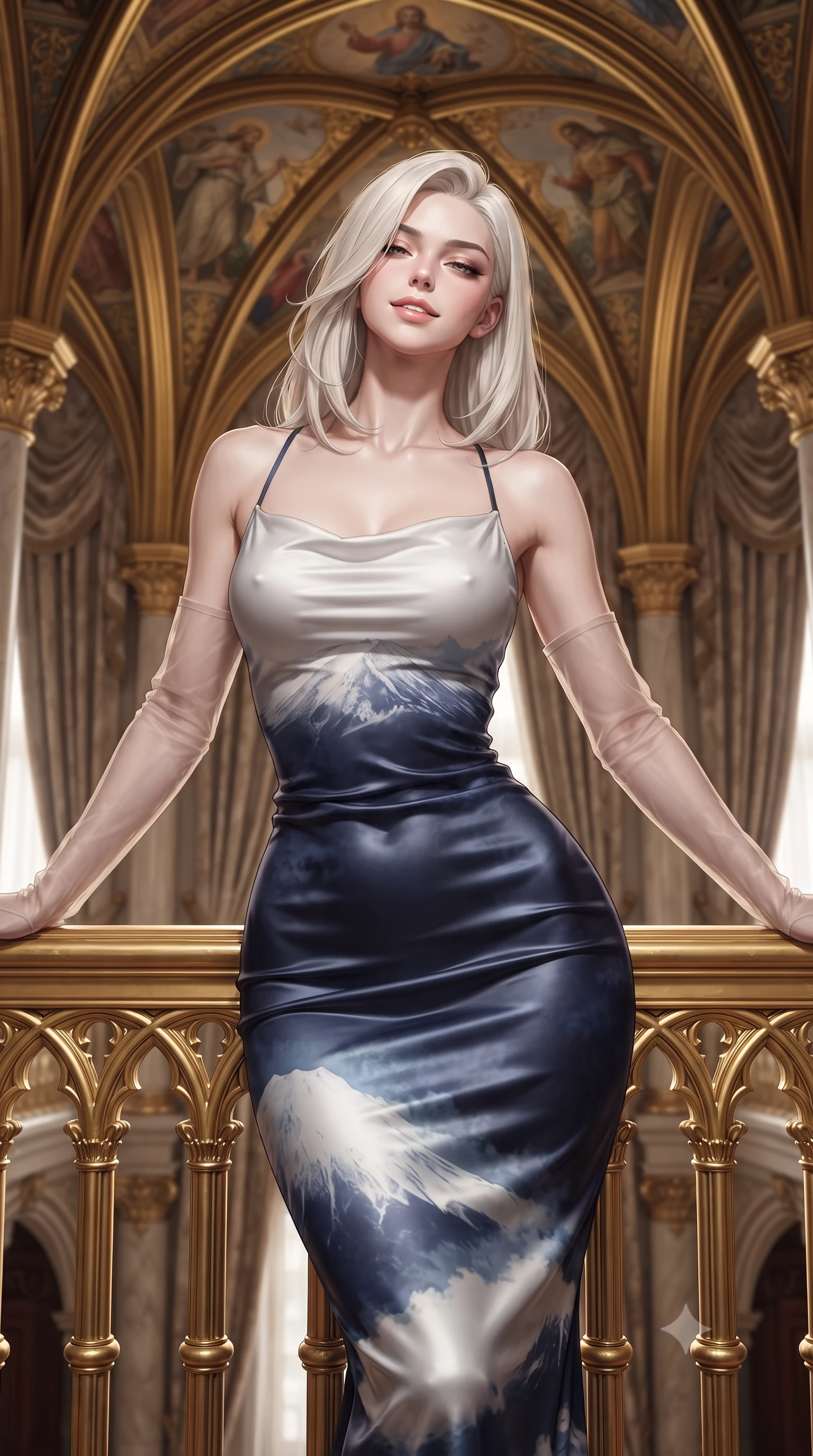 score_9, masterpiece, best quality, ultra-detailed, high-budget anime keyframe, editorial fashion photography, tasteful artistic composition, Caucasian woman. close-up cowboy shot from the waist and thighs up, the character dominates the composition, filling the frame with her large presence. leaning back against the balustrade with relaxed seductive grace, head tilted back slightly while casting a hypnotic, heavy-lidded gaze while standing poised beneath soaring gilded neo-Gothic arcade vaults decorated with Parsifal fresco murals, arching her lower back with regal fairy-tale queen charisma. The background shows a soft-focus heavy brocade portiere curtains softened in Bavarian fairy-tale castle shallow focus. She has an exceptionally elegant, slender, and willowy female figure with an ultra-slim waist, flat toned midriff, narrow ribcage, and sculpted feminine hips creating an alluring, slim hourglass silhouette without bulk. sharp v-shaped jawline, high-bridge nose, intricate jewel-like sparkling eyes with depth, thick eyelashes, glossy parted lips with a natural peach sheen, bright cheerful beaming smile with an enchanting and coquettish sensual glint, exuding both youthful cute charm and seductive allure, flawlessly proportioned anatomical accuracy, strict slender model proportions, natural body alignment, perfectly sculpted long slender limbs, ultra-slim waistline, clean dynamic posture without body distortion. wearing a form-fitting Andalusian liquid silk jersey flamenco-draped cocktail dress clinging to her narrow waist and rounded hips in Mount Fuji snow-peak white and midnight indigo silk, crafted from fluid liquid silk satin that clings smoothly to her narrow waist and rounded hips with a dewy sheen, complemented by sheer opera-length evening gloves tracing her slender arms, the second-skin tailored fabric adhering flawlessly to her sculpted flat midriff and slender torso, emphasizing her long leg lines and perfectly proportioned willowy build. illuminated by parquet reflection bounce and sharp imperial-gold rim lights defining her razor-sharp jawline, narrow waist, and curvy hips. ultra-reflective glossy finish, specular highlights, rich textural contrasts, high-contrast stereoscopic depth, volumetric dynamic lighting, 2k, ultra detail, master piece, 9:16 ratio