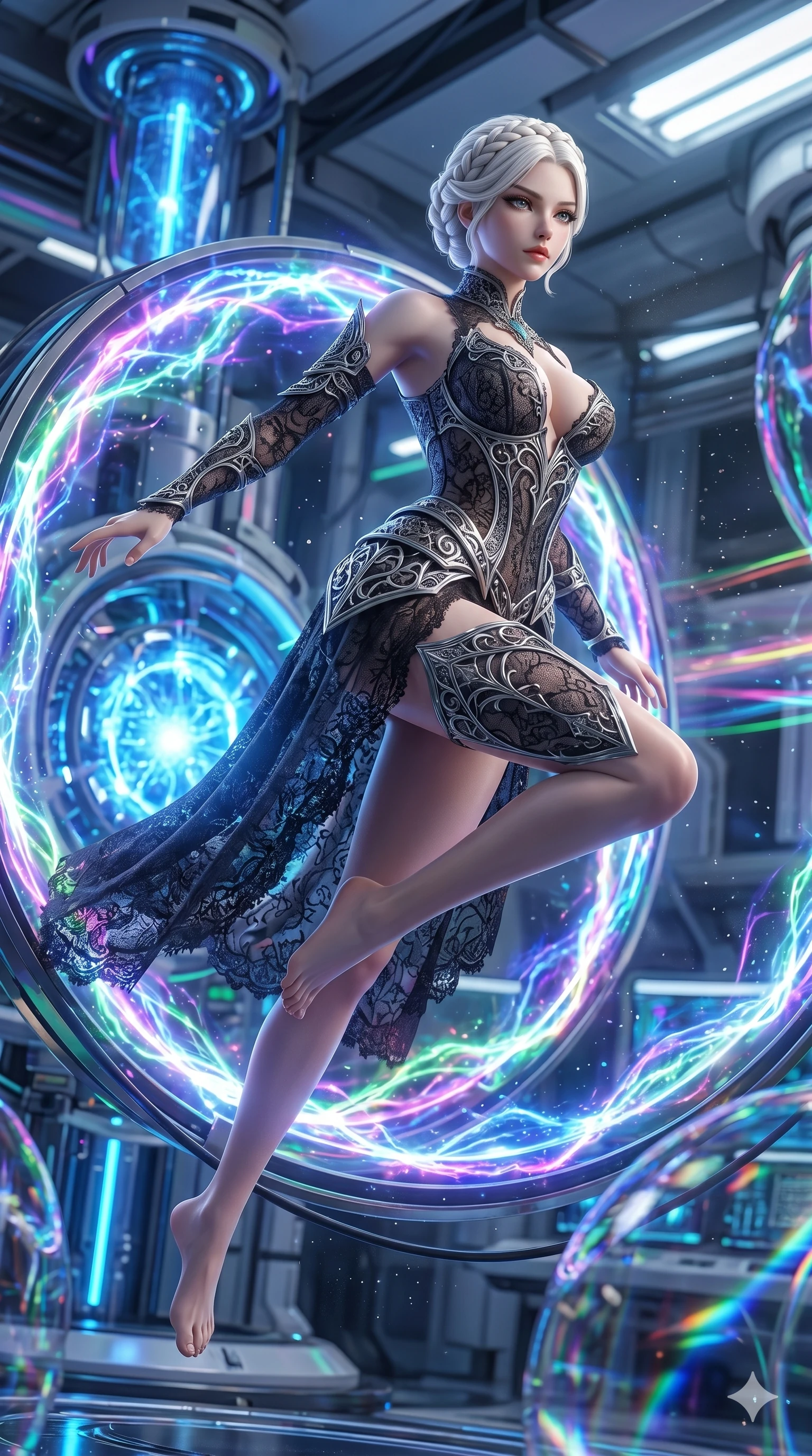 score_9, masterpiece, best quality, ultra-detailed, Set A: Photorealistic 8k CG, Japanese woman. Low angle cowboy shot filling the entire 9:16 frame with her statuesque presence. Leaping through a ring of glowing plasma in a high-tech laboratory. She has an absolutely perfect 8-heads proportion, an exceptionally tall and slender female figure with impossibly long slender legs and an ultra-slim waist. Sharp v-shaped jawline, high-bridge nose, intricate jewel-like eyes with depth, thick eyelashes, glossy lips. Wearing a Dark Fantasy outfit: gothic lace corset gown with silver armor and a plunging neckline. Background is a bright and colorful lab with blue energy cores and vibrant light trails. 2k, ultra detail, master piece, 9:16 ratio