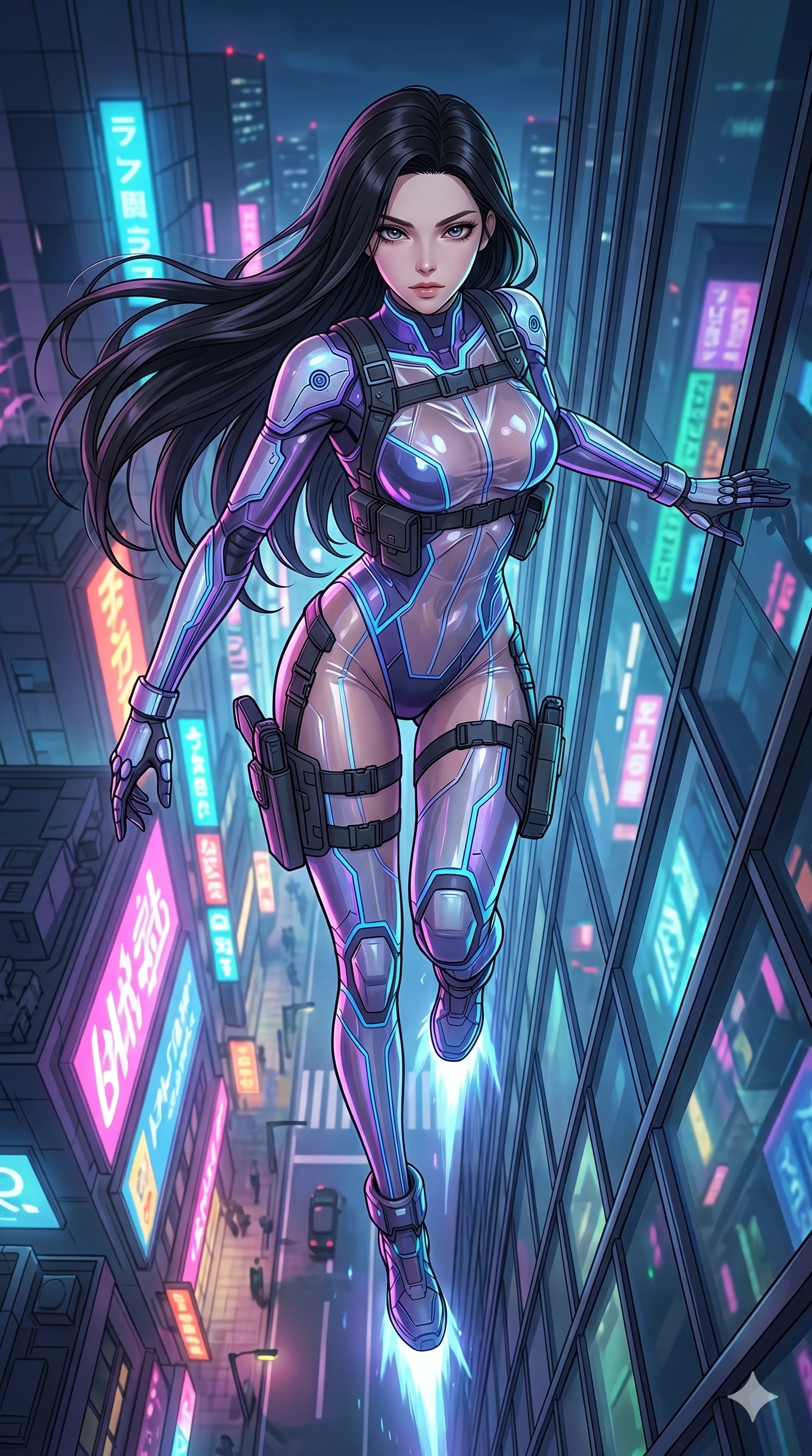 score_9, masterpiece, best quality, ultra-detailed, high-budget anime movie keyframe, cinematic anime lighting, intricate line art, Japanese woman. Extreme high angle shot as she leaps towards the camera, filling the frame. dashing up the side of a skyscraper using gravity-defying tech-boots. She has an absolutely perfect 8-heads proportion, an exceptionally tall and slender female figure with an ultra-slim waist and impossibly long slender legs. strictly human anatomy, two legs only, no extra limbs, clearly defined legs and arms, perfect anatomy, perfect hands and fingers. sharp v-shaped jawline, high-bridge nose, intricate jewel-like eyes, thick eyelashes, glossy lips. Wearing Tech-Fantasy: Cybernetic tech-suit with glowing seams, translucent PVC over leotard, and modular tactical gear. The scene is illuminated by dramatic atmospheric lighting and vibrant color palettes. , 2k, ultra detail, master piece, 9:16 ratio