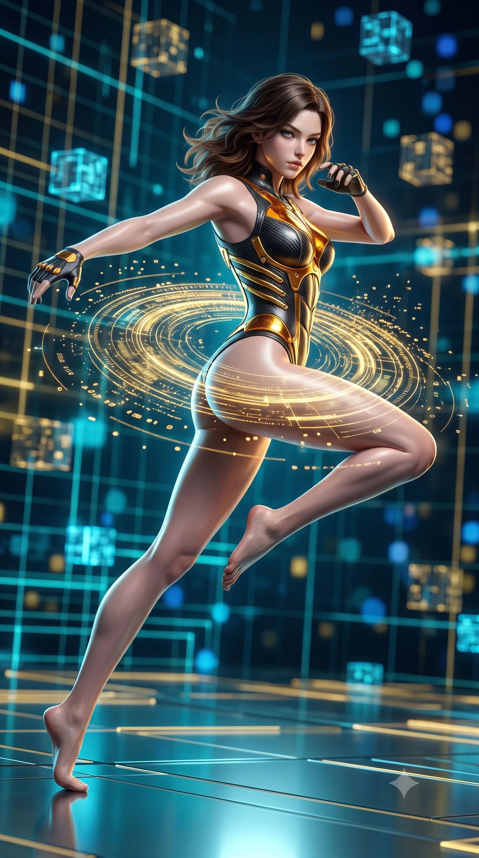 score_9, masterpiece, best quality, ultra-detailed, high-budget anime keyframe, semi-realistic 3D game render, editorial fashion photography, tasteful artistic composition, Korean woman. low angle full-body shot from head to toe showing her feet, filling the entire 9:16 vertical frame with her statuesque presence, stretching her vertical silhouette. pivoting dynamically in a high-speed low sweep kick along the reflective floor, her athletic torso and ultra-slim waist twisting in a fluid arc of power while arching her spine in a fluid zero-gravity back-arch as holographic data particles swirl in a golden mandala around her waist. The composition keeps background elements in soft focus with creamy bokeh. pulsing quantum grid lines and floating data cubes blurred into rich electric cyan, gold, and sapphire bokeh. She has an absolutely perfect, statuesque 8.5-heads proportion, an exceptionally tall and slender model-like female figure with impossibly long slender legs, a toned flat midriff, and an ultra-slim waist. sharp v-shaped jawline, high-bridge nose, intricate jewel-like eyes with depth, thick eyelashes, glossy lips with a natural sheen, flawlessly proportioned anatomical accuracy, strict slender model proportions, natural body alignment, perfectly sculpted long slender limbs, ultra-slim waistline, clean dynamic posture without body distortion. wearing a precision-tailored high-fashion carbon-fiber corset bodysuit with gold mechanical rib boning and kinetic shock-dampening palms in molten amber-gold carbon cuirass with dark titanium weave, made of lightweight aerodynamic carbon-titanium alloy with polished edge bevels, finished with high-mobility flexible limb seams and miniature magnetic armor locks, the sleek second-skin cut tightly hugging her graceful clavicle, narrow waist, and feminine curves with athletic precision. illuminated by sharp specular highlights tracing her ultra-slim waist, long legs, and sculpted collarbones. rich saturated anime colors with glowing neon highlights, detailed shading with soft gradients, rich glossy textures, high-contrast stereoscopic depth, volumetric dynamic lighting, master piece, 9:16 ratio