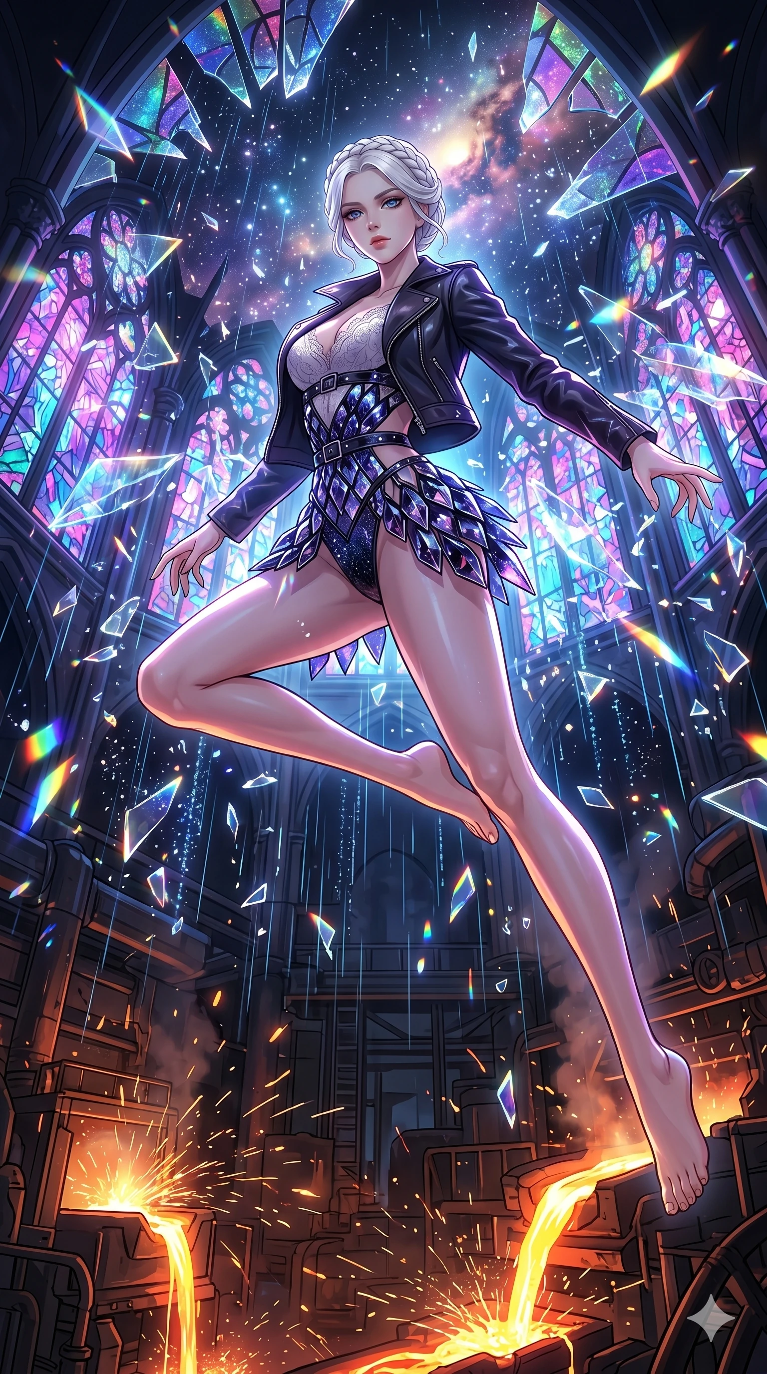 score_9, masterpiece, best quality, ultra-detailed, High-budget Anime Keyframe, vibrant colors, fluid line-art, expressive lighting, cinematic composition, Ufotable-style visual effects, top-tier animation quality, Japanese woman with delicate and elegant anime-inspired features. Dramatic low angle looking up at her majestic stature, dominating the vertical space of the composition. Leaping through the shattered stained glass of a neon-lit futuristic cathedral, her body caught in mid-air as prismatic light fragments explode around her and digital rain falls from the vaulted ceiling. She has an absolutely perfect 8-heads proportion, an exceptionally tall and slender female figure with impossibly long slender legs and an ultra-slim waist, her statuesque height and towering silhouette dominating the vertical 9:16 frame. Her face is a masterpiece featuring a sharp v-shaped jawline, high-bridge nose, intricate jewel-like eyes with depth, thick eyelashes, and glossy lips with a natural sheen. She is wearing a stylishly unzipped leather jacket over a delicate lace top and a stylish belt harness crafted from Obsidian-glass scales that shimmer with a dark, crystalline brilliance, featuring elegant design elements that emphasize her ultra-slim waist and hips. The scene is set in a gritty industrial factory with glowing molten metal, flying sparks, and deep shadows, illuminated by flickering starlight and nebula glow providing a mystical and vast ambiance. 2k, ultra detail, master piece, 9:16 ratio