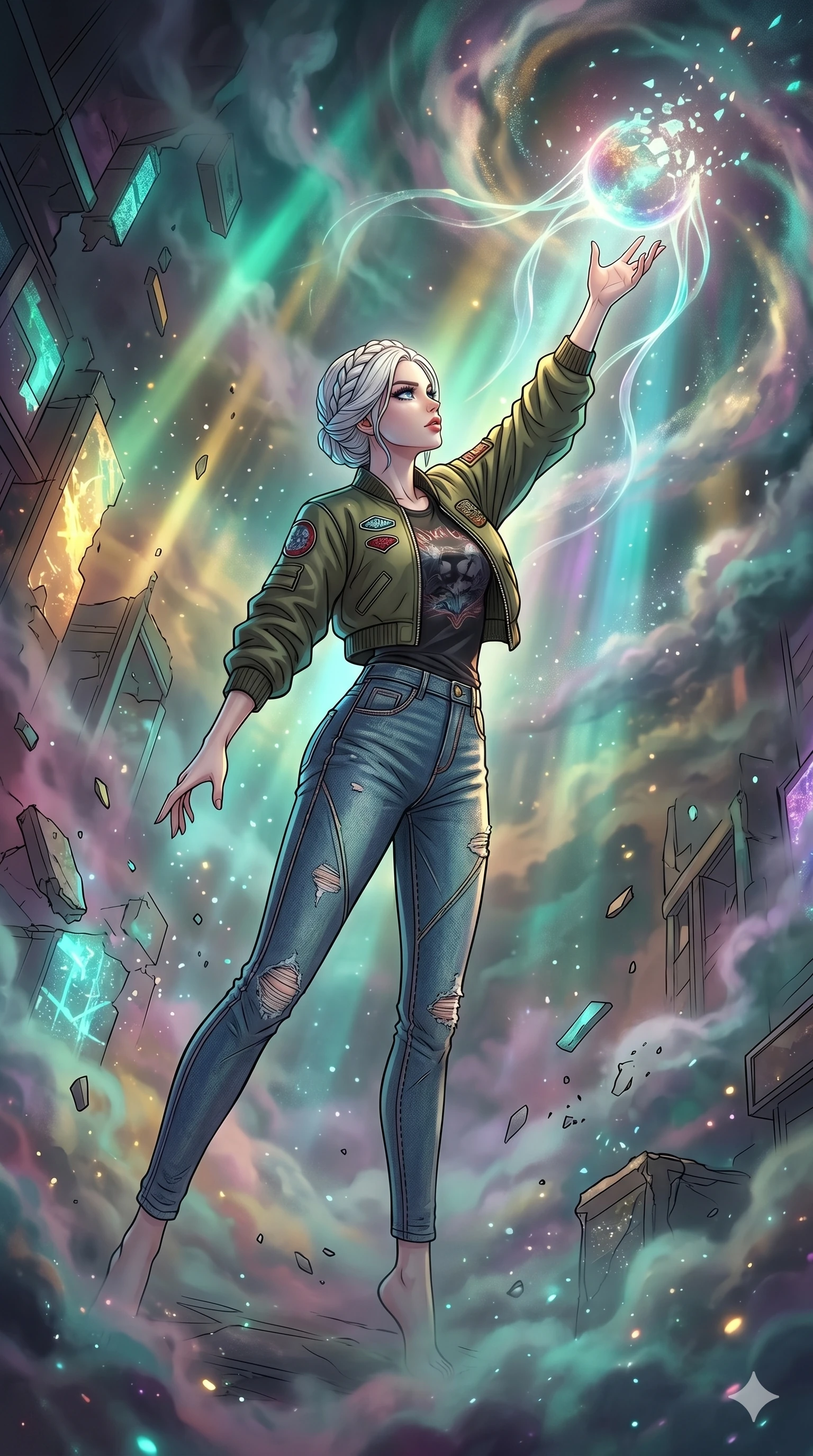 score_9, masterpiece, best quality, ultra-detailed, high-budget anime movie keyframe, cinematic anime lighting, intricate line art, Caucasian (strictly human ears) woman. Dynamic full-body shot stretching the vertical silhouette with extreme perspective. reaching out for a disappearing memory in a world of mist. She has an graceful and slender female figure with elegant proportions. strictly human anatomy, two legs only, no extra limbs, clearly defined legs and arms, well-defined anatomy, perfect hands and fingers. sharp v-shaped jawline, high-bridge nose, intricate jewel-like eyes, thick eyelashes, glossy lips. Wearing Urban Trendsetter: Stylish urban outfit with a fitted top, high-waist denim, and a trendy jacket. The scene is illuminated by dramatic atmospheric lighting and vibrant color palettes. , 2k, ultra detail, master piece, 9:16 ratio