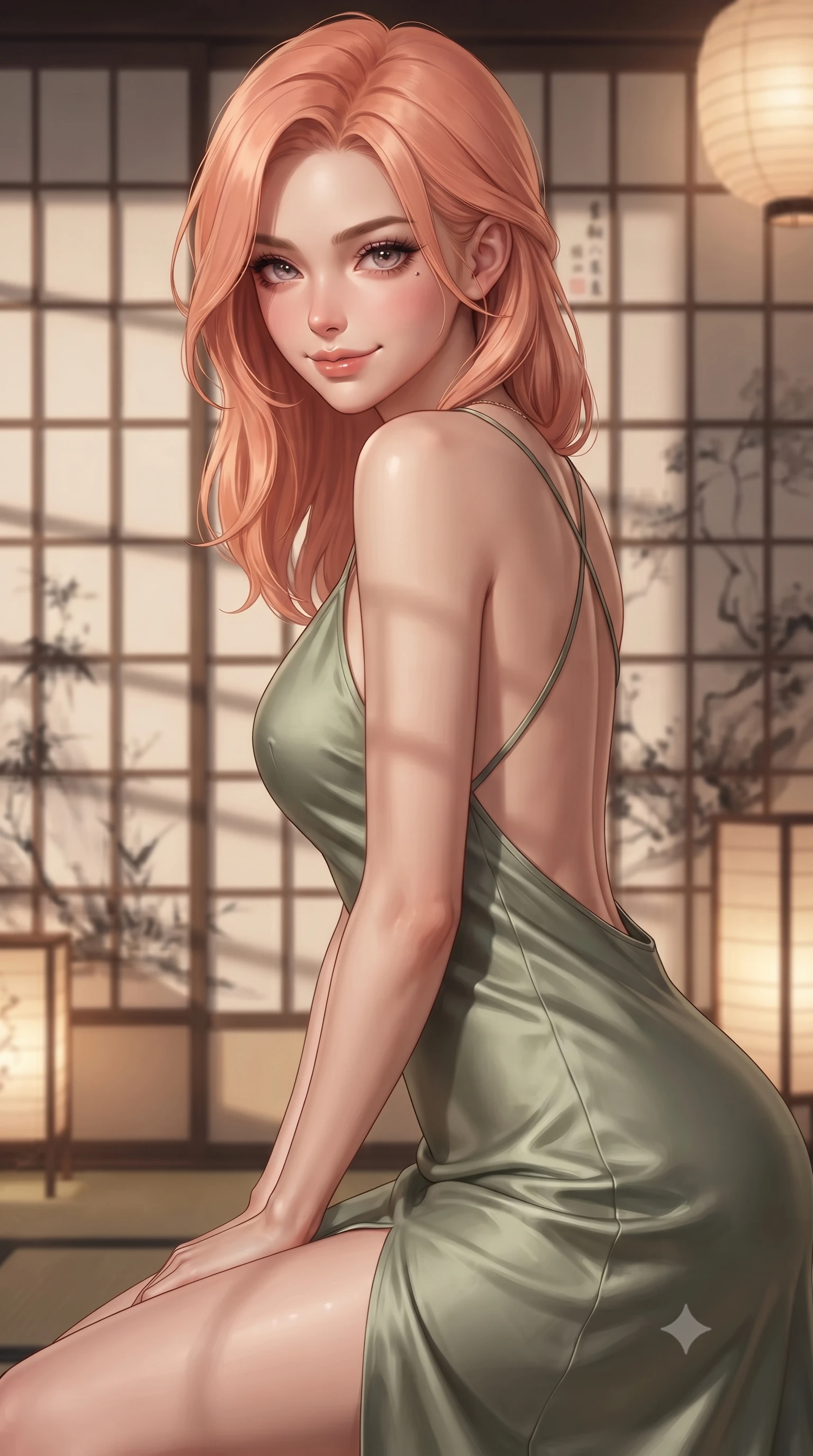 score_9, masterpiece, best quality, ultra-detailed, high-budget anime keyframe, editorial fashion photography, tasteful artistic composition, Japanese woman. close-up cowboy shot from the waist and thighs up, the character dominates the composition, filling the frame with her large presence, background elements kept in soft focus. leaning slightly forward with a playful, teasing smile, her gaze locked onto the viewer the background shows a soft-focus a traditional paper screen bedroom decorated with delicate ink paintings. She has an exceptionally elegant, slender, and willowy female figure with an ultra-slim waist, a gracefully sculpted slender torso, and a refined silhouette. sharp v-shaped jawline, high-bridge nose, intricate jewel-like eyes with depth, thick eyelashes, glossy lips with a natural sheen. wearing a slim-fit lightweight silk sundress in sage green with a dramatic open-back and thin criss-cross straps. warm paper lanterns casting soft, diffused grid-like shadow lines. ultra-reflective glossy finish, specular highlights, metallic sheen, high-contrast stereoscopic depth, volumetric dynamic lighting, 2k, ultra detail, master piece, 9:16 ratio