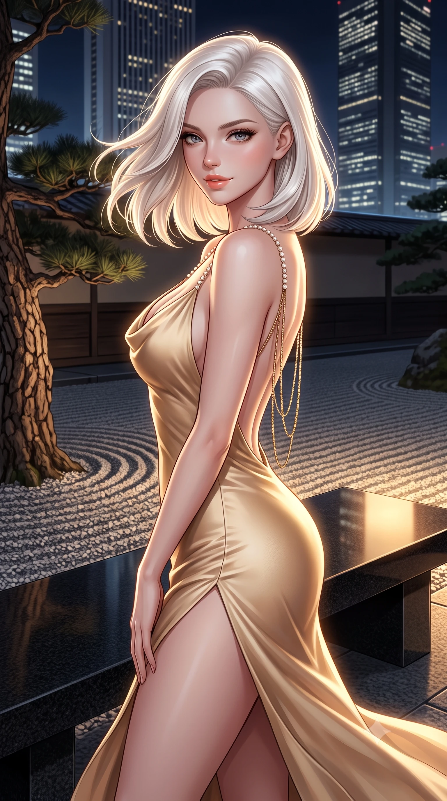 score_9, masterpiece, best quality, ultra-detailed, high-budget anime keyframe, semi-realistic 3D game render, editorial fashion photography, tasteful artistic composition, Caucasian woman. close-up cowboy shot from the waist and thighs up, the character dominates the composition, filling the frame with her large presence. turning slowly with an enchanting smoldering smile, her glossy hair tossing in the breeze as her hips angle gracefully in a captivating contrapposto while twisting her slender torso in an alluring S-curve, gentle night breezes fluttering her silk dress as Shinjuku skyscraper towers loom behind. The surrounding environment is rendered in vivid detail and crisp panoramic clarity: sharp raked gravel furrows, gnarled pine bark textures, and polished black granite bench surfaces in deep focus. She has an exceptionally elegant, slender, and willowy female figure with an ultra-slim waist, flat toned midriff, narrow ribcage, and sculpted feminine hips creating an alluring, slim hourglass silhouette without bulk. sharp v-shaped jawline, high-bridge nose, sparkling eyes with hypnotic seductive depth, thick curled eyelashes, glossy parted lips with a natural dewy peach sheen, alluring bedroom-eyes with an enchanting coquettish smile, exuding magnetic siren charisma and sophisticated glamour, flawlessly proportioned anatomical accuracy, strict slender model proportions, natural body alignment, perfectly sculpted long slender limbs, ultra-slim waistline, clean dynamic posture without body distortion. wearing a plunging cowl-neck liquid silk satin slip gown with daring hip-high slit and delicate pearl spaghetti straps in desert gold and shimmering sand dune champagne, woven from buttery-soft stretch lambskin leather adhering to her body like a second skin, accented with an open-back drape framed by falling strands of delicate gold chains, the liquid-tight tailored fabric clinging flawlessly to her narrow waist and rounded feminine hips, emphasizing every millimeter of her sculpted slim hourglass curves without any bulky heaviness. illuminated by granite bench reflection fill and sharp platinum-gold rim lights defining her razor-sharp jawline, narrow waist, and curvy hips. highly saturated vibrant anime colors, detailed shading with soft gradients, rich glossy textures, high-contrast stereoscopic depth, volumetric dynamic lighting, master piece, 9:16 ratio