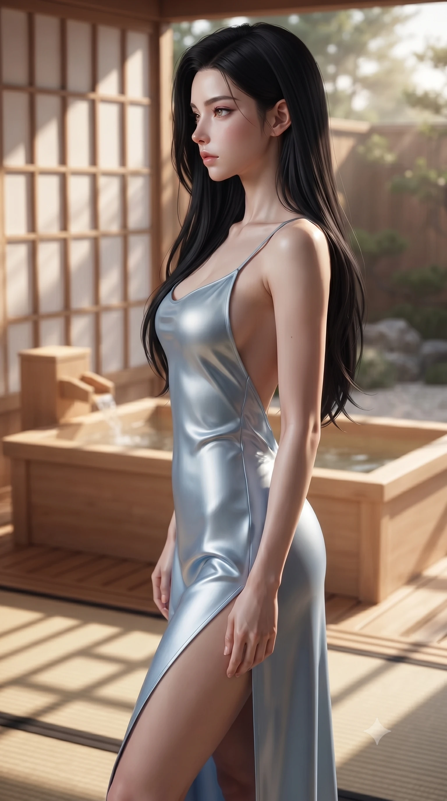 score_9, masterpiece, best quality, ultra-detailed, high-budget anime keyframe, editorial fashion photography, tasteful artistic composition, Korean woman. close-up cowboy shot from the waist and thighs up, the character dominates the composition, filling the frame with her large presence, background elements kept in soft focus. turning her face in sharp profile, casting a cold, mysterious, yet intensely alluring side gaze, the background shows a soft-focus a traditional ryokan cypress wood bath (hinoki) facing a sand gravel garden. She has an exceptionally elegant, slender, and willowy female figure with an ultra-slim waist, a gracefully sculpted slender torso, and a refined silhouette. sharp v-shaped jawline, high-bridge nose, intricate jewel-like eyes with depth, thick eyelashes, glossy lips with a natural sheen. wearing a tailored lightweight silk slip dress in baby blue with a high side slit and a low-cut back. soft late afternoon sunrays casting long wooden grid shadows on the tatami. ultra-reflective glossy finish, specular highlights, metallic sheen, high-contrast stereoscopic depth, volumetric dynamic lighting, 2k, ultra detail, master piece, 9:16 ratio