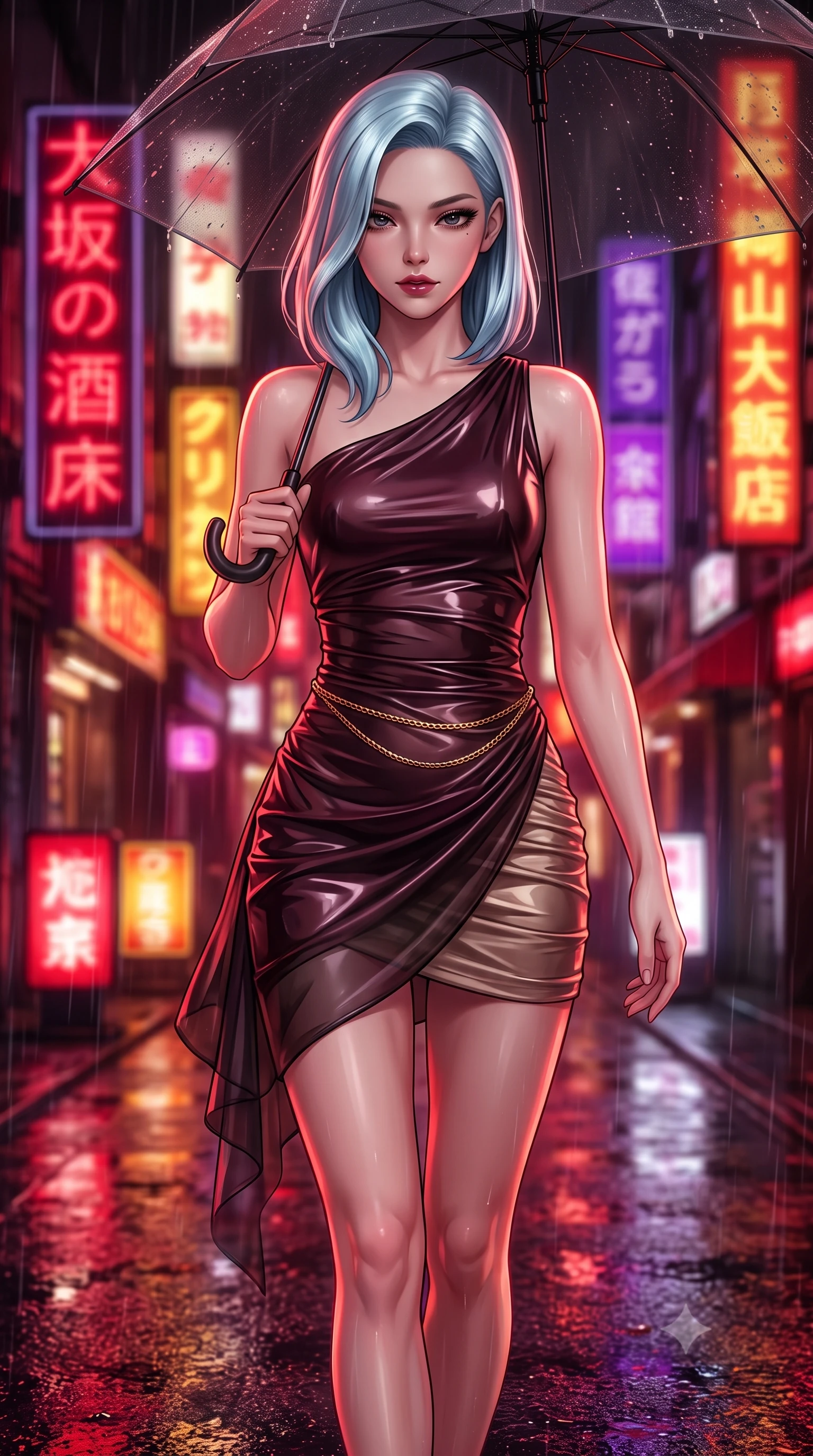score_9, masterpiece, best quality, ultra-detailed, high-budget anime keyframe, semi-realistic 3D game render, editorial fashion photography, tasteful artistic composition, Korean woman. close-up cowboy shot from the waist and thighs up, the character dominates the composition, filling the frame with her large presence. glancing down over lowered lashes before meeting the camera with quiet, devastating intensity, her tailored outfit tracing her ultra-slim waist and hips while walking dynamically down the glistening wet asphalt alley beneath a translucent black umbrella, hips swaying gracefully in a captivating supermodel rhythm. The composition keeps background elements in soft focus with dreamy creamy bokeh. vertical kanji neon signs in deep crimson, gold, and royal purple blurred into dazzling saturated reflections and dreamy rain bokeh. She has an exceptionally elegant, slender, and willowy female figure with an ultra-slim waist, flat toned midriff, narrow ribcage, and sculpted feminine hips creating an alluring, slim hourglass silhouette without bulk. sharp v-shaped jawline, high-bridge nose, intricate jewel-like dark sparkling eyes with dangerous depth, thick curled eyelashes, glossy parted lips with a rich wine sheen, smoldering seductive half-smile with bedroom-eyes, exuding effortless superiority and intoxicating dark allure, flawlessly proportioned anatomical accuracy, strict slender model proportions, natural body alignment, perfectly sculpted long slender limbs, ultra-slim waistline, clean dynamic posture without body distortion. wearing a liquid-look vinyl mini dress with an asymmetric neckline and hip-defining side ruching in dark mulberry wine and antique champagne, crafted from layered gossamer black organza with weightless, smoky flutter, finished with a delicate gold snake chain belt resting loosely across her curvy hips, the liquid-tight tailored fabric clinging flawlessly to her narrow waist and rounded feminine hips, emphasizing every millimeter of her sculpted slim hourglass curves without any bulky heaviness. bathed in intense saturated crimson and warm gold neon underlights contrasting with dark rain-soaked shadow tones. highly saturated vibrant anime colors, detailed shading with soft gradients, rich glossy textures, high-contrast stereoscopic depth, volumetric dynamic lighting, master piece, 9:16 ratio