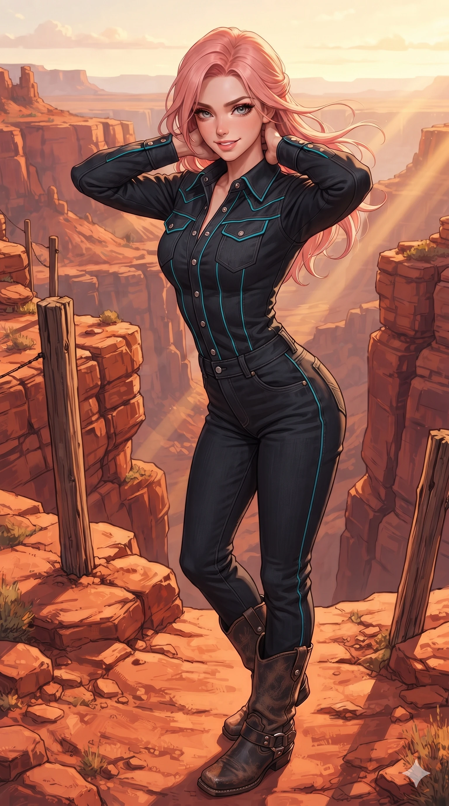 score_9, masterpiece, best quality, ultra-detailed, high-budget anime keyframe, editorial fashion photography, tasteful artistic composition, Japanese woman. close-up cowboy shot from the waist and thighs up, the character dominates the composition, filling the frame with her large presence. resting both hands lightly behind her neck with elbows raised, arching her spine to highlight her narrow waist, flat midriff, and breathtaking collarbones while leaning forward over the canyon precipice with hips cocked back, gazing into the vast red rock gorges with smoldering bedroom-eyes as desert winds whip through her hair. The surrounding environment is rendered in vivid detail and crisp panoramic clarity: sharp fractured sandstone rock layers, weathered timber post grain, and crisp canyon drop chasms in deep focus. She has an exceptionally elegant, slender, and willowy female figure with an ultra-slim waist, flat toned midriff, narrow ribcage, and sculpted feminine hips creating an alluring, slim hourglass silhouette without bulk. sharp v-shaped jawline, high-bridge nose, sparkling eyes with hypnotic seductive depth, thick curled eyelashes, glossy parted lips with a natural dewy peach sheen, alluring bedroom-eyes with an enchanting coquettish smile, exuding magnetic siren charisma and sophisticated glamour, flawlessly proportioned anatomical accuracy, strict slender model proportions, natural body alignment, perfectly sculpted long slender limbs, ultra-slim waistline, clean dynamic posture without body distortion. wearing a bespoke tailored denim jumpsuit with structured collar and polished western pearl snap buttons in midnight obsidian black and neon cyan piping, crafted from rugged heavy-duty canvas and oiled leather with authentic desert durability, complemented by rugged distressed leather motorcycle boots with silver buckle hardware, the bespoke structured tailoring following the natural line of her 8.5-heads silhouette with refined elegance. bathed in dramatic golden hour rays cutting horizontally through canyon crevices with rich warm amber washes. ultra-reflective glossy finish, specular highlights, rich textural contrasts, high-contrast stereoscopic depth, volumetric dynamic lighting, 2k, ultra detail, master piece, 9:16 ratio