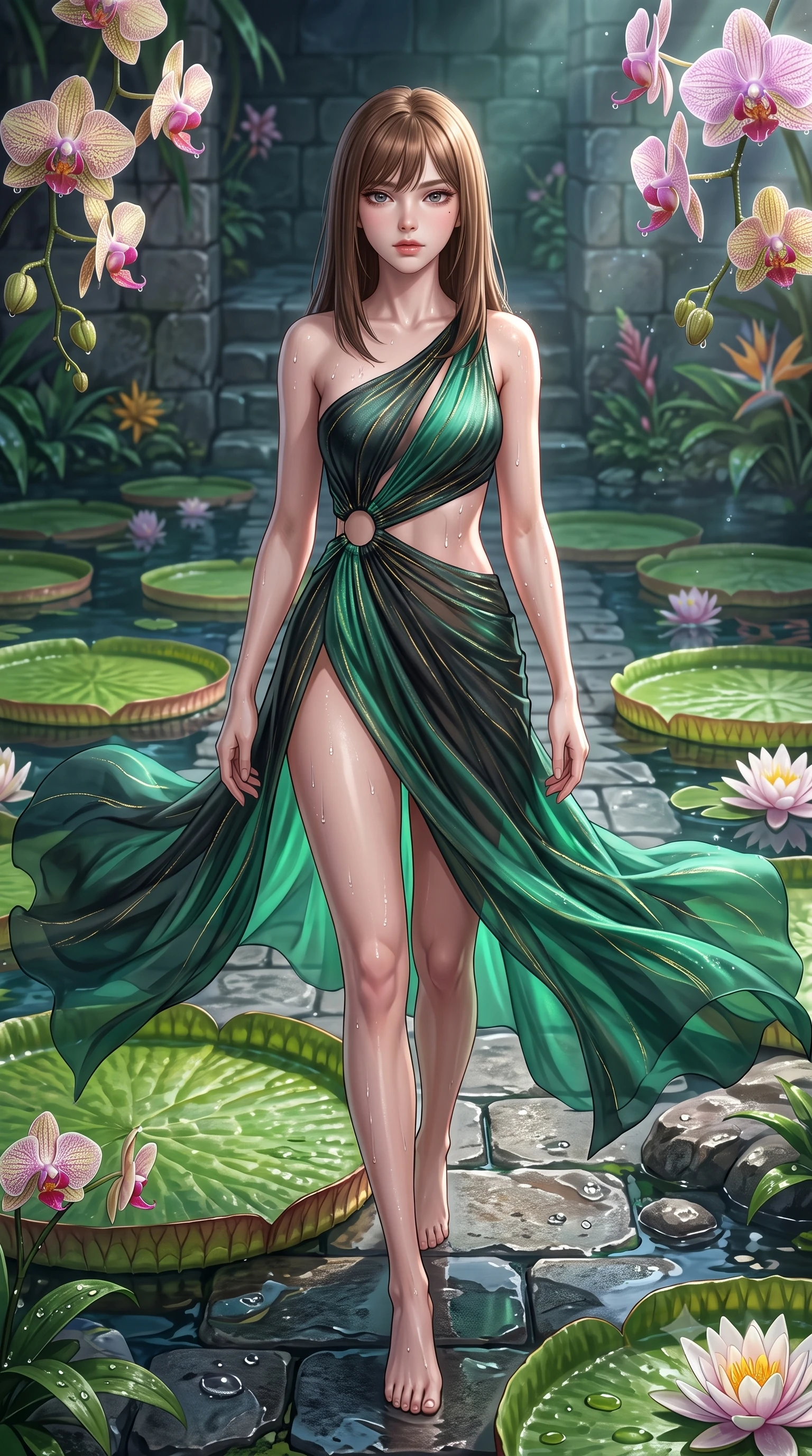 score_9, masterpiece, best quality, ultra-detailed, high-budget anime keyframe, semi-realistic 3D game render, editorial fashion photography, tasteful artistic composition, Korean woman. low angle full-body shot from head to toe showing her feet, filling the entire 9:16 vertical frame with her statuesque presence, stretching her vertical silhouette. striding forward in a proud supermodel runway stride, hips swaying in an alluring kinetic rhythm that accentuates her curvy hourglass silhouette while reclining face down atop a floating giant Victoria water lily pad with head turned toward the lens, legs playfully bent at the knees to highlight her hip silhouette. The surrounding environment is rendered in vivid detail and crisp panoramic clarity. detailed dew droplets on exotic orchids, wet skin water beads, and stone masonry in high clarity. She has an absolutely perfect, statuesque 8.5-heads proportion, an exceptionally tall and slender model-like female figure with impossibly long slender legs, a toned flat midriff, an ultra-slim waist, and beautifully sculpted feminine hips. sharp v-shaped jawline, high-bridge nose, intricate jewel-like eyes with depth, thick eyelashes, glossy parted lips with a natural sheen, intensely captivating and seductive bedroom-eyes expression, flawlessly proportioned anatomical accuracy, strict slender model proportions, natural body alignment, perfectly sculpted long slender limbs, ultra-slim waistline, clean dynamic posture without body distortion. wearing a modern water-nymph one-shoulder gown with an exposed midriff ring cutout and floating chiffon skirt in wet asphalt black and glowing jade green, woven from fine organic mulberry silk with metallic gold thread, accented with water droplets glistening on her bare collarbones and hips, the dramatically scooped open back descending to the base of her spine, accentuating her razor-sharp statuesque lines and curvy hourglass silhouette. surrounded by an otherworldly, sensual, and exquisitely pure water-lily nymph aura. highly saturated vibrant anime colors, detailed shading with soft gradients, rich glossy textures, high-contrast stereoscopic depth, volumetric dynamic lighting, master piece, 9:16 ratio