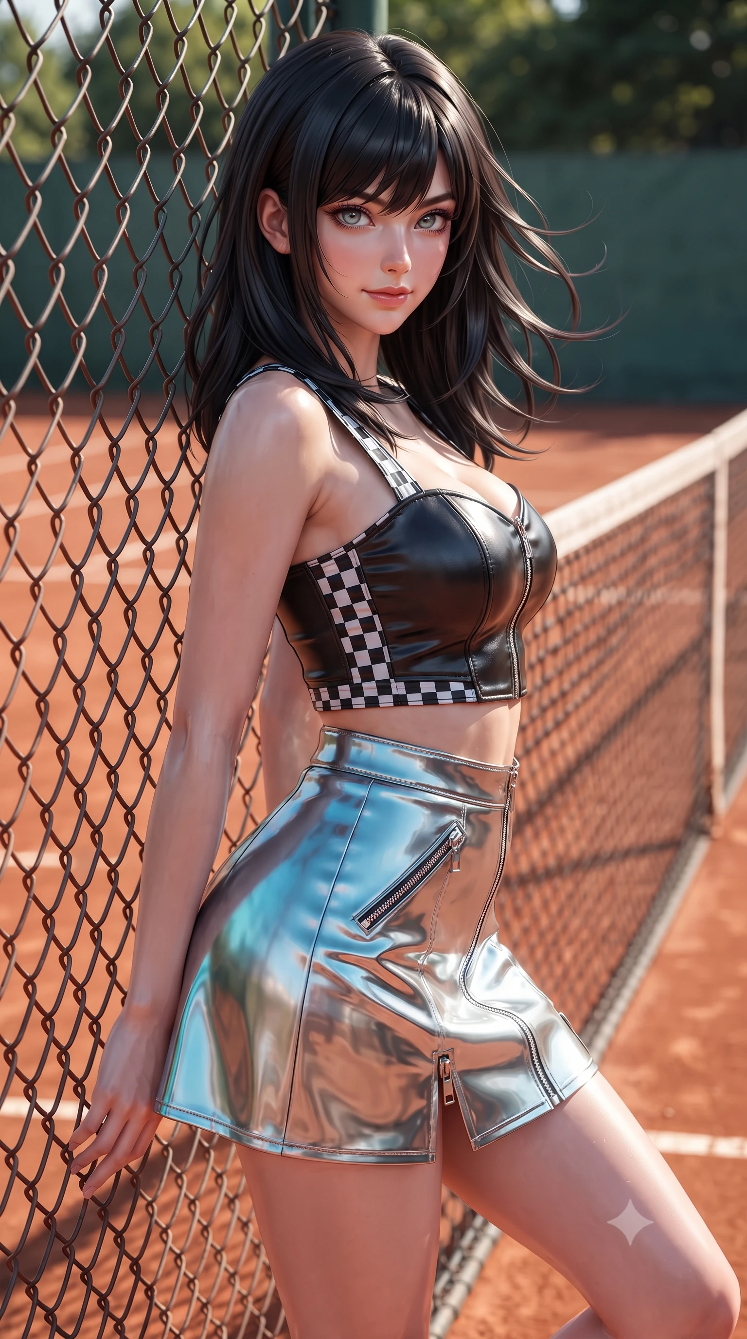 score_9, masterpiece, best quality, ultra-detailed, high-budget anime keyframe, editorial fashion photography, tasteful artistic composition, Caucasian woman. close-up cowboy shot from the waist and thighs up, the character dominates the composition, filling the frame with her large presence. turning slowly with a smoldering smile, her glossy hair tossing in the breeze as her hips angle gracefully in a captivating contrapposto while leaning against the clay-dusted court fence with hips cocked back, looking into the lens with an enchanting, confident tennis smile. The surrounding environment is rendered in vivid detail and crisp panoramic clarity: sharp crushed brick clay grain, white painted baseline tape, and racket string tension clarity in deep focus. She has an exceptionally elegant, slender, and willowy female figure with an ultra-slim waist, flat toned midriff, narrow ribcage, and sculpted feminine hips creating an alluring, slim hourglass silhouette without bulk. sharp v-shaped jawline, high-bridge nose, sparkling eyes with athletic focus and depth, thick curled eyelashes, glossy parted lips with a natural coral-peach sheen, bright confident and coquettish smile with alluring bedroom-eyes, exuding both youthful sporty vigor and sovereign high-society glamour, flawlessly proportioned anatomical accuracy, strict slender model proportions, natural body alignment, perfectly sculpted long slender limbs, ultra-slim waistline, clean dynamic posture without body distortion. wearing a chic leather bustier top with checkered flag trim paired with an ultra-short A-line tennis skirt in metallic liquid silver and electric cyan, made of high-gloss reflective patent leather with mirror-like specular highlights, finished with polished chrome zipper pulls and racing harness buckle hardware, the glove-like aerodynamic silhouette tightly following the natural contour of her hips and long slender legs with youthful 8.5-heads elegance. illuminated by terracotta ground bounce fill and sharp warm-gold rim lighting defining her razor-sharp jawline, narrow waist, and curvy hips. ultra-reflective glossy finish, specular highlights, rich textural contrasts, high-contrast stereoscopic depth, volumetric dynamic lighting, 2k, ultra detail, master piece, 9:16 ratio