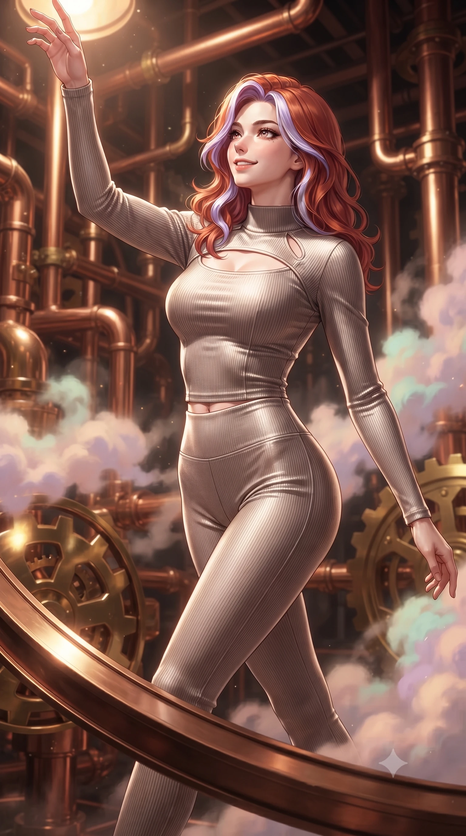 score_9, masterpiece, best quality, ultra-detailed, high-budget anime keyframe, editorial fashion photography, tasteful artistic composition, Caucasian woman. close-up cowboy shot from the waist and thighs up, the character dominates the composition, filling the frame with her large presence, background elements kept in soft focus. Extending one arm in an elegant stretch toward the light while smiling with magnetic self-assurance while stepping along a curved bronze beam while pastel steam clouds swirl around her, intricate copper pipes and brass gears gleam with furnace heat reflections. She has an exceptionally elegant, slender, and willowy female figure with an ultra-slim waist, a gracefully sculpted slender torso, and a refined silhouette. sharp v-shaped jawline, high-bridge nose, intricate jewel-like eyes with depth, thick eyelashes, glossy lips with a natural sheen, flawlessly proportioned anatomical accuracy, natural body alignment, perfectly sculpted elegant limbs, clean dynamic posture without body distortion. wearing a form-fitting ribbed activewear set with elegant collar cutouts in muted taupe and soft ivory, made of premium stretch velvet with a rich sheen, accented with a Tasteful chest slit framing her clavicle gracefully, the tailored fabric tightly following every curve of her athletic build. surrounded by a warm, powerful industrial alchemy atmosphere. ultra-reflective glossy finish, specular highlights, metallic sheen, high-contrast stereoscopic depth, volumetric dynamic lighting, 2k, ultra detail, master piece, 9:16 ratio