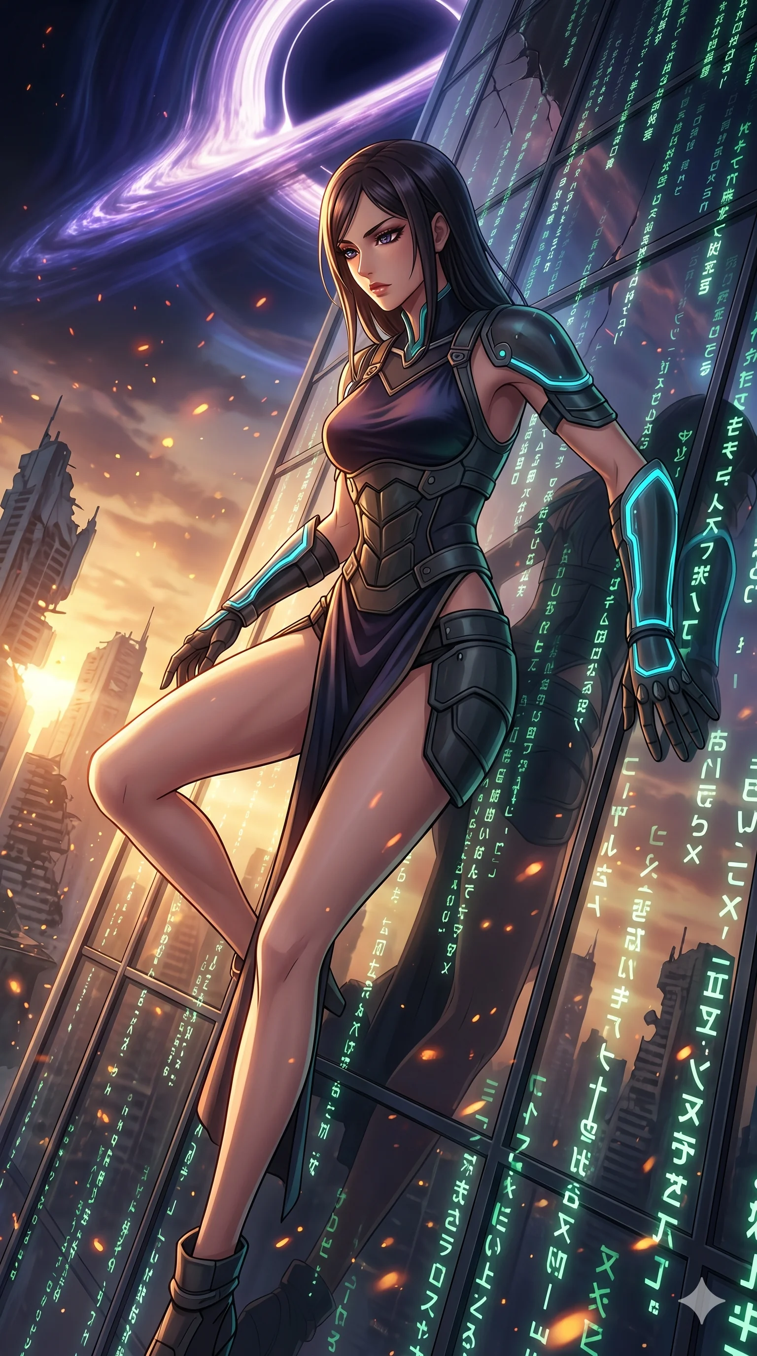 score_9, masterpiece, best quality, ultra-detailed, Set A: High-budget Anime Keyframe, Japanese woman. Upper body close-up from the thighs up, character filling the screen for maximum presence. Theme: Urban Decay. sliding down a glass skyscraper in the edge of a black hole, as a digital rain of 177 symbols washes over her. The atmosphere is filled with golden hour with floating embers. She has an absolutely perfect 8-heads proportion, an exceptionally tall and slender female figure with impossibly long slender legs and an ultra-slim waist. Sharp v-shaped jawline, high-bridge nose, intricate jewel-like eyes with depth, glossy lips. Wearing Futuristic gladiator gear with glowing energy-shields and a high-cut silk tunic. Cinematic lighting, vivid colors, dramatic shadows, 2k, ultra detail, master piece, 9:16 ratio