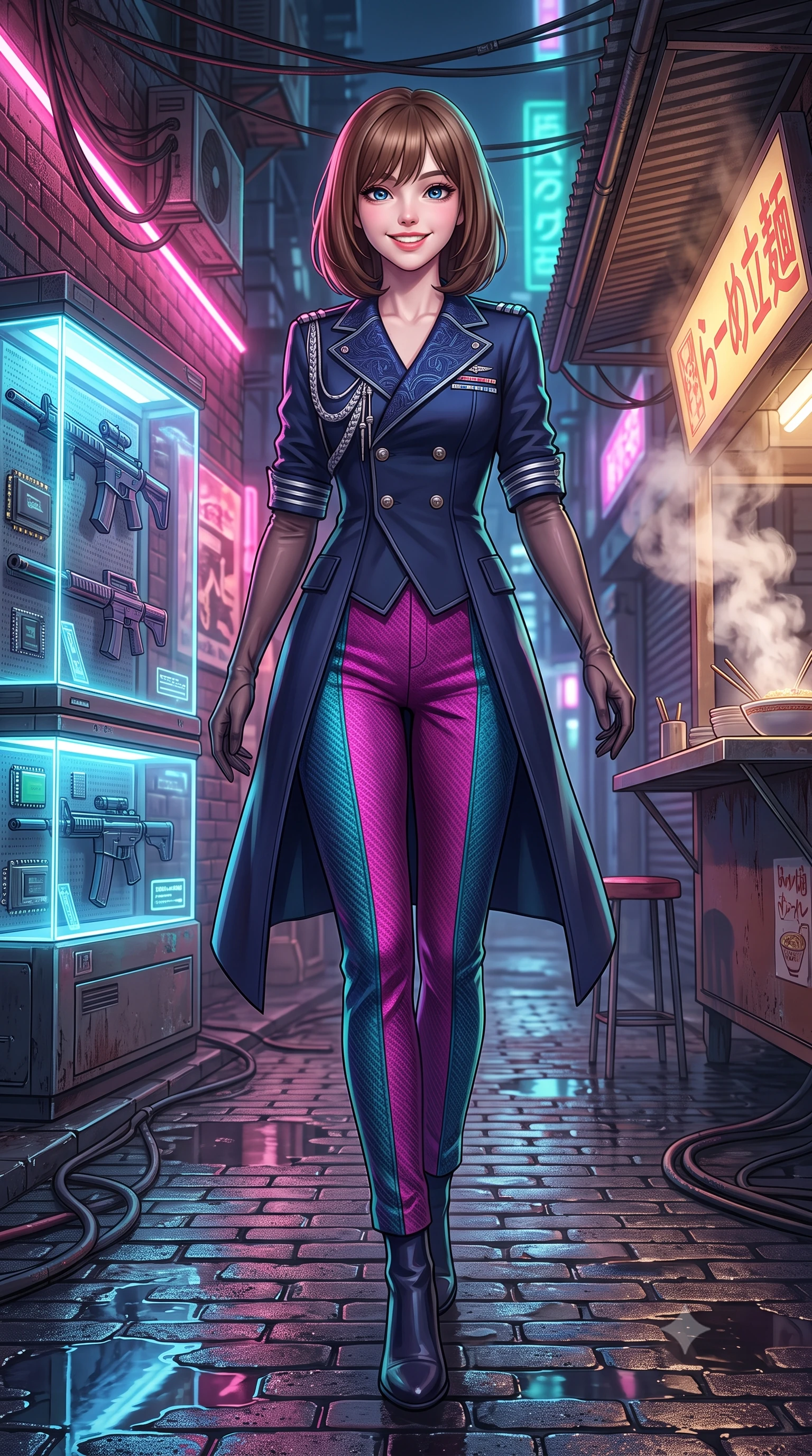 score_9, masterpiece, best quality, ultra-detailed, high-budget anime keyframe, semi-realistic 3D game render, editorial fashion photography, tasteful artistic composition, Caucasian woman. low angle full-body shot from head to toe showing her feet, filling the entire 9:16 vertical frame with her statuesque presence, stretching her vertical silhouette. stepping slowly toward the camera with hypnotic grace, hips swaying in an alluring sensual rhythm that accentuates her curvy hourglass silhouette and long slender legs while standing poised on the wet cobblestones between glowing holographic weapon display cases, arching her spine with seductive combat poise as aromatic noodle steam rises. The surrounding environment is rendered in vivid detail and crisp panoramic clarity: sharp wet brick textures, glass display case reflections with micro-chip components, and weathered cyberpunk cables in deep focus. She has an exceptionally tall and slender model-like 8.5-heads proportion, an ultra-slim waist, a flat toned midriff, narrow delicate ribcage, and beautifully sculpted feminine hips creating a graceful, slim hourglass silhouette without any bulky heaviness, with impossibly long slender legs. sharp v-shaped jawline, high-bridge nose, intricate jewel-like sparkling eyes with depth, thick eyelashes, glossy parted lips with a natural peach sheen, bright cheerful beaming smile with an enchanting and coquettish sensual glint, exuding both youthful cute charm and seductive allure, flawlessly proportioned anatomical accuracy, strict slender model proportions, natural body alignment, perfectly sculpted long slender limbs, ultra-slim waistline, clean dynamic posture without body distortion. wearing a tailored flight command officer coat in midnight navy with structured lapels, metallic rank braids, and tailored slim trousers in Kowloon neon magenta and electric teal, woven from structured carbon-fiber jacquard with rich textural depth, complemented by sheer opera-length evening gloves tracing her slender arms, the impeccably tailored cut draping gracefully along her slender figure with aristocratic poise. illuminated by puddle reflection bounce and sharp neon-pink rim lights sculpting her jawline, narrow waist, and curvy hips. highly saturated vibrant anime colors, detailed shading with soft gradients, rich glossy textures, high-contrast stereoscopic depth, volumetric dynamic lighting, master piece, 9:16 ratio