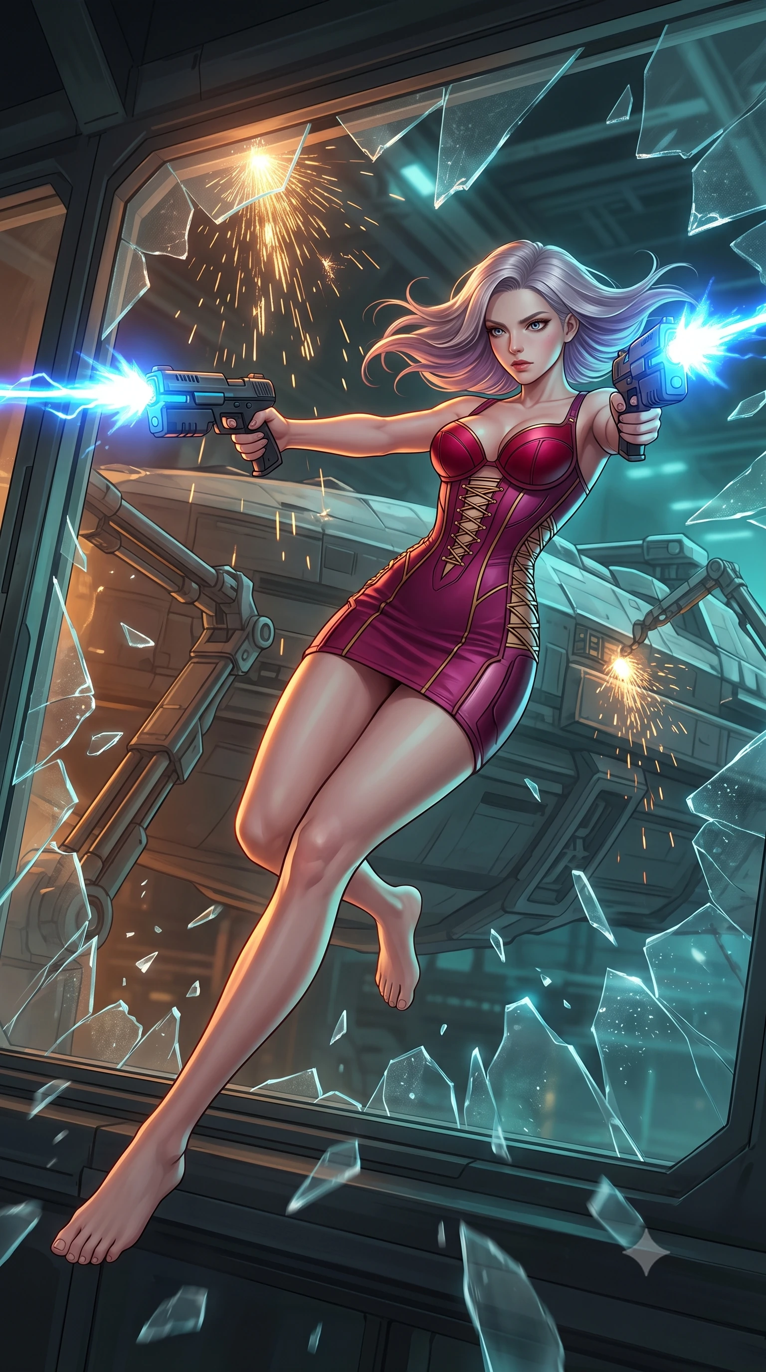 score_9, masterpiece, best quality, ultra-detailed, high-budget anime keyframe, editorial fashion photography, tasteful artistic composition, Caucasian woman, strictly human ears. low angle full-body shot from head to toe showing her feet, filling the entire 9:16 vertical frame with her statuesque presence, stretching her vertical silhouette. diving sideways through a breaking glass window while shooting her plasma blasters inside a giant space station dock, a colossal flagship tethered by metal loading arms, welding sparks falling in zero gravity. She has a statuesque 8.5-heads proportion, an exceptionally tall, slender and willowy model-like build with impossibly long legs and a highly sculpted ultra-slim waist. sharp v-shaped jawline, high-bridge nose, intricate jewel-like eyes with depth, thick eyelashes, glossy lips with a natural sheen. wearing tailored for maximum mobility, sleek form-contouring panels that allow fluid movement, a form-contouring deconstructed corset dress in deep magenta with exposed gold lacing and structured crimson cups. highly saturated vibrant anime colors, intense vivid color palette, soft 3D volumetric shading, volumetric dynamic lighting, warm amber rim lighting combined with cool teal fill light creating dramatic contrast. 2k, ultra detail, master piece, 9:16 ratio