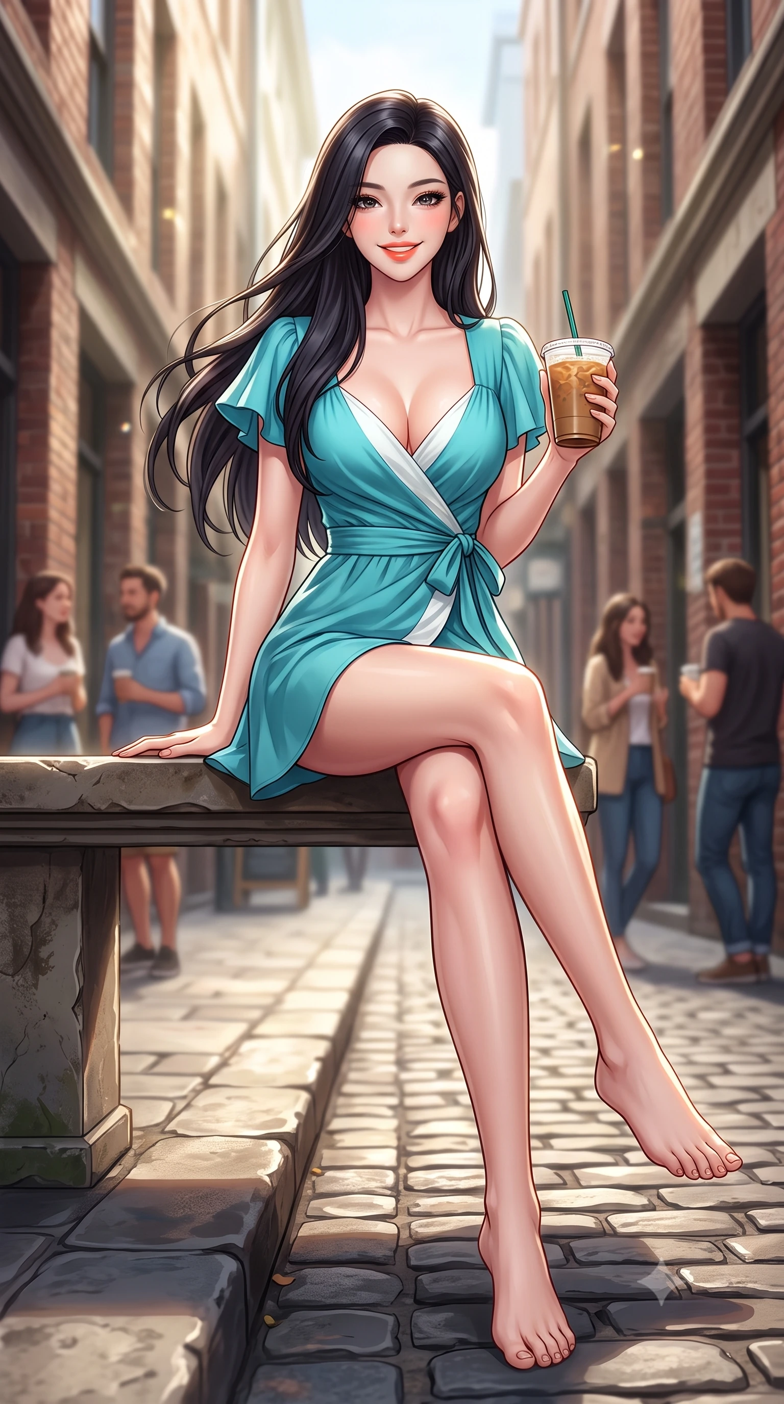 score_9, masterpiece, best quality, ultra-detailed, high-budget anime keyframe, semi-realistic 3D game render, editorial fashion photography, tasteful artistic composition, Korean woman. low angle full-body shot from head to toe showing her feet, filling the entire 9:16 vertical frame with her statuesque presence, stretching her vertical silhouette. sitting perched on the elevated edge with legs crossed and hips angled toward the camera, displaying her toned midriff and long slender limbs with a joyful, coquettish smile while walking down the lively cobblestone laneway with an iced coffee in hand, her form-contouring casual chic outfit accentuating her narrow waist and hips. The composition keeps background elements in soft focus with dreamy creamy bokeh. dappled laneway light and passing stylish coffee-drinkers softened in trendy Melbourne shallow focus. She has an exceptionally tall and slender model-like 8.5-heads proportion, an ultra-slim waist, a flat toned midriff, narrow delicate ribcage, and beautifully sculpted feminine hips creating a graceful, slim hourglass silhouette without any bulky heaviness, with impossibly long slender legs. sharp v-shaped jawline, high-bridge nose, intricate jewel-like sparkling eyes with depth, thick eyelashes, glossy parted lips with a natural peach sheen, bright cheerful beaming smile with an enchanting and coquettish sensual glint, exuding both youthful cute charm and seductive allure, flawlessly proportioned anatomical accuracy, strict slender model proportions, natural body alignment, perfectly sculpted long slender limbs, ultra-slim waistline, clean dynamic posture without body distortion. wearing a breezy wrap mini dress with a deep V-neckline and tie-waist accentuating her sculpted flat midriff and hips in ocean turquoise and sea-salt white, tailored from crisp cotton poplin with clean structural lines, featuring elegant flutter sleeves and a graceful square neckline, the liquid-tight tailored fabric clinging flawlessly to her narrow waist and rounded feminine hips, emphasizing every millimeter of her sculpted slim hourglass curves without any bulky heaviness. bathed in filtered morning sunlight slicing down between tall laneway brick buildings. highly saturated vibrant anime colors, detailed shading with soft gradients, rich glossy textures, high-contrast stereoscopic depth, volumetric dynamic lighting, master piece, 9:16 ratio