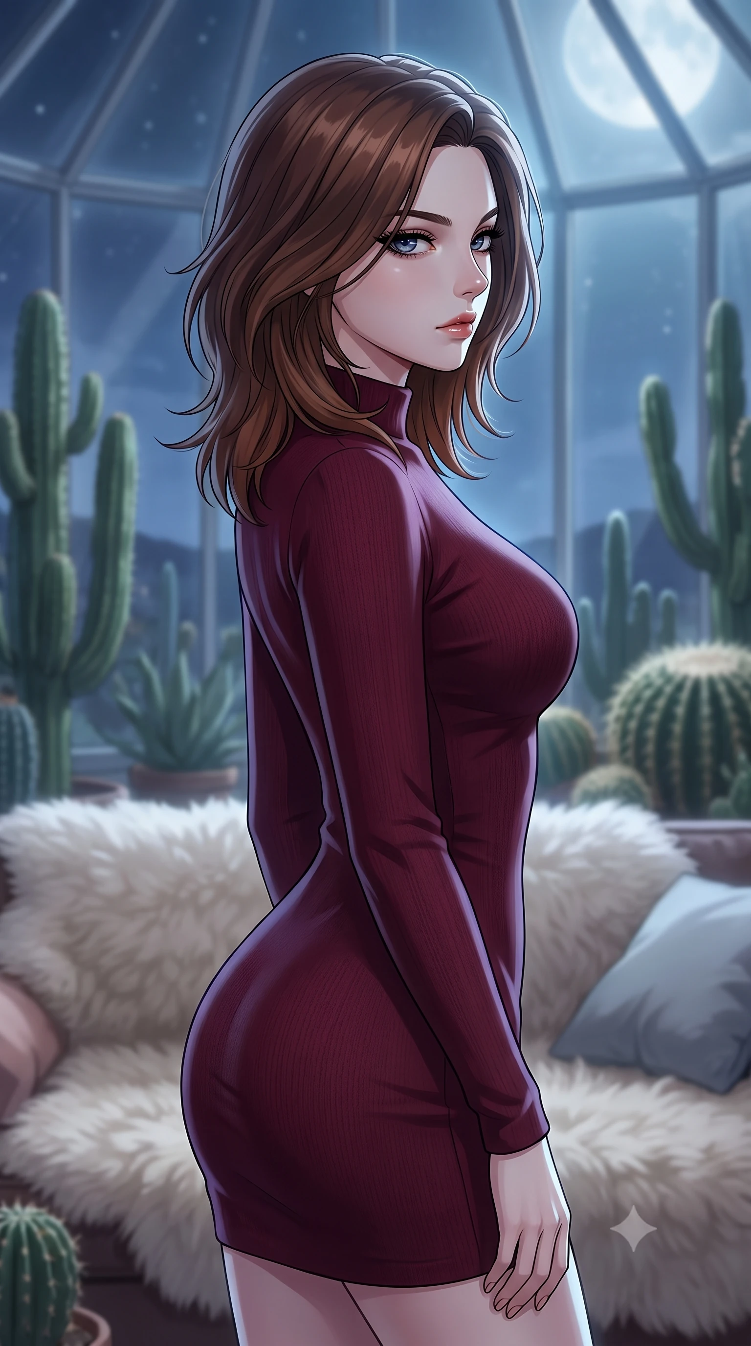 score_9, masterpiece, best quality, ultra-detailed, high-budget anime keyframe, tasteful artistic composition, Korean woman. close-up cowboy shot from the waist and thighs up, the character dominates the composition, filling the frame with her large presence, background elements kept in soft focus. turning her face in sharp profile, casting a cold, mysterious, yet intensely alluring side gaze, the background shows a soft-focus a glass-walled observatory filled with cacti and soft sheepskin rugs at night. She has an exceptionally elegant, slender, and willowy female figure with an ultra-slim waist, a gracefully sculpted slender torso, and a refined silhouette. sharp v-shaped jawline, high-bridge nose, intricate jewel-like eyes with depth, thick eyelashes, glossy lips with a natural sheen. wearing a form-contouring form-contouring bodycon sweater dress in deep burgundy, featuring a snug mock-neck. soft silver moonlight wrapping her silhouette in a cool cosmic glow. highly saturated vibrant anime colors, cel-shading, 2d style, master piece, 9:16 ratio
