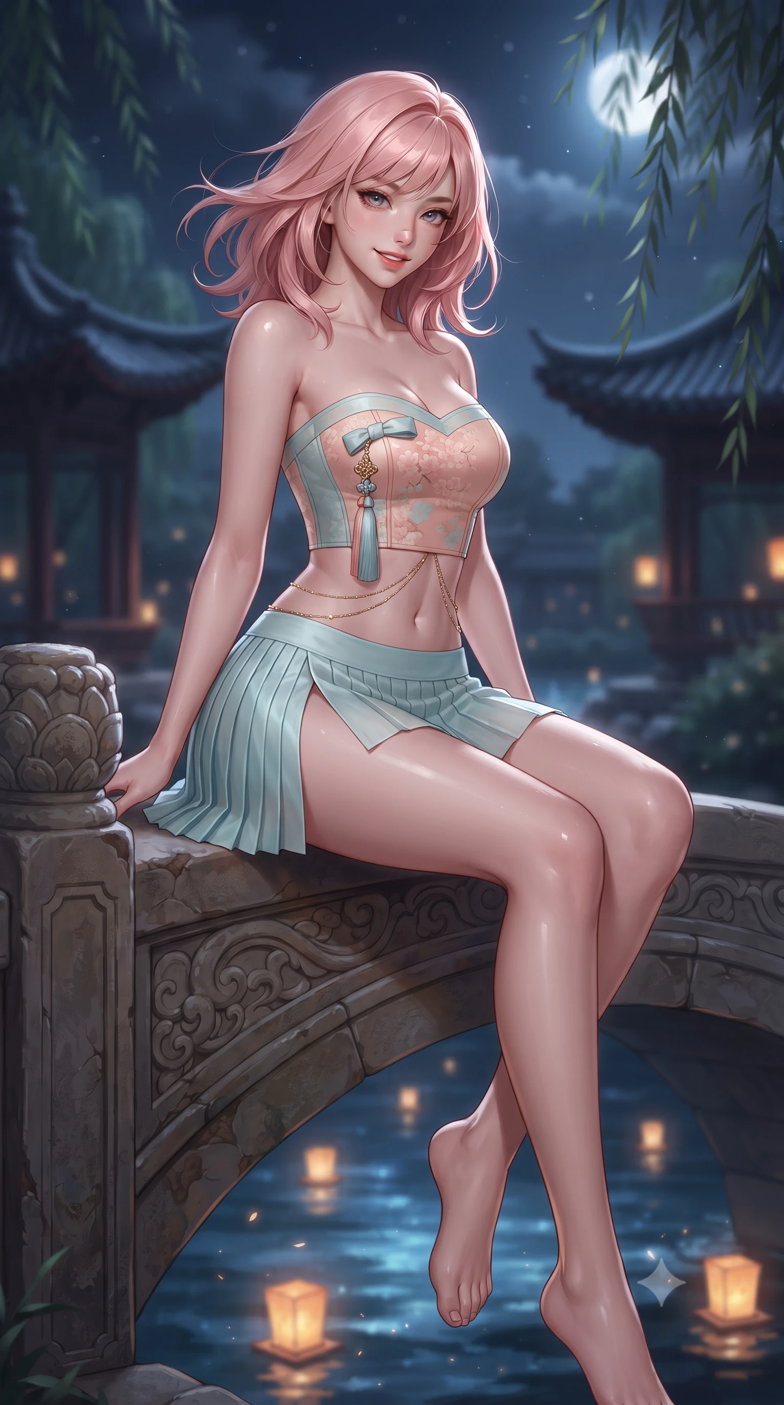 score_9, masterpiece, best quality, ultra-detailed, high-budget anime keyframe, editorial fashion photography, tasteful artistic composition, Japanese woman. close-up cowboy shot from the waist and thighs up, the character dominates the composition, filling the frame with her large presence. turning slowly with an enchanting smoldering smile, her glossy hair tossing in the breeze as her hips angle gracefully in a captivating contrapposto while sitting perched on the bridge parapet with legs dangling gracefully toward the water, flashing a radiant yet seductive half-smile. The background shows a soft-focus curved pavilion roofs in the distance softened in dreamy nocturnal landscape shallow focus. She has an exceptionally elegant, slender, and willowy female figure with an ultra-slim waist, flat toned midriff, narrow ribcage, and sculpted feminine hips creating an alluring, slim hourglass silhouette without bulk. sharp v-shaped jawline, high-bridge nose, sparkling eyes with hypnotic seductive depth, thick curled eyelashes, glossy parted lips with a natural dewy peach sheen, alluring bedroom-eyes with an enchanting coquettish smile, exuding magnetic siren charisma and sophisticated glamour, flawlessly proportioned anatomical accuracy, strict slender model proportions, natural body alignment, perfectly sculpted long slender limbs, ultra-slim waistline, clean dynamic posture without body distortion. wearing a modern strapless boned hanbok bustier with traditional norigae tassel accents paired with a micro-pleated silk mini skirt in pastel peach blossom and celadon porcelain blue, woven from buttery-soft stretch lambskin leather adhering to her body like a second skin, finished with a dainty gold belly chain resting across her flat midriff and curving hips, the high-slit wrap tailoring accentuating her ultra-slim waistline and the enchanting curve of her feminine hips with alluring seductive charm. bathed in radiant celestial moonlight combined with floating candle lantern glows from the stream. ultra-reflective glossy finish, specular highlights, rich textural contrasts, high-contrast stereoscopic depth, volumetric dynamic lighting, 2k, ultra detail, master piece, 9:16 ratio