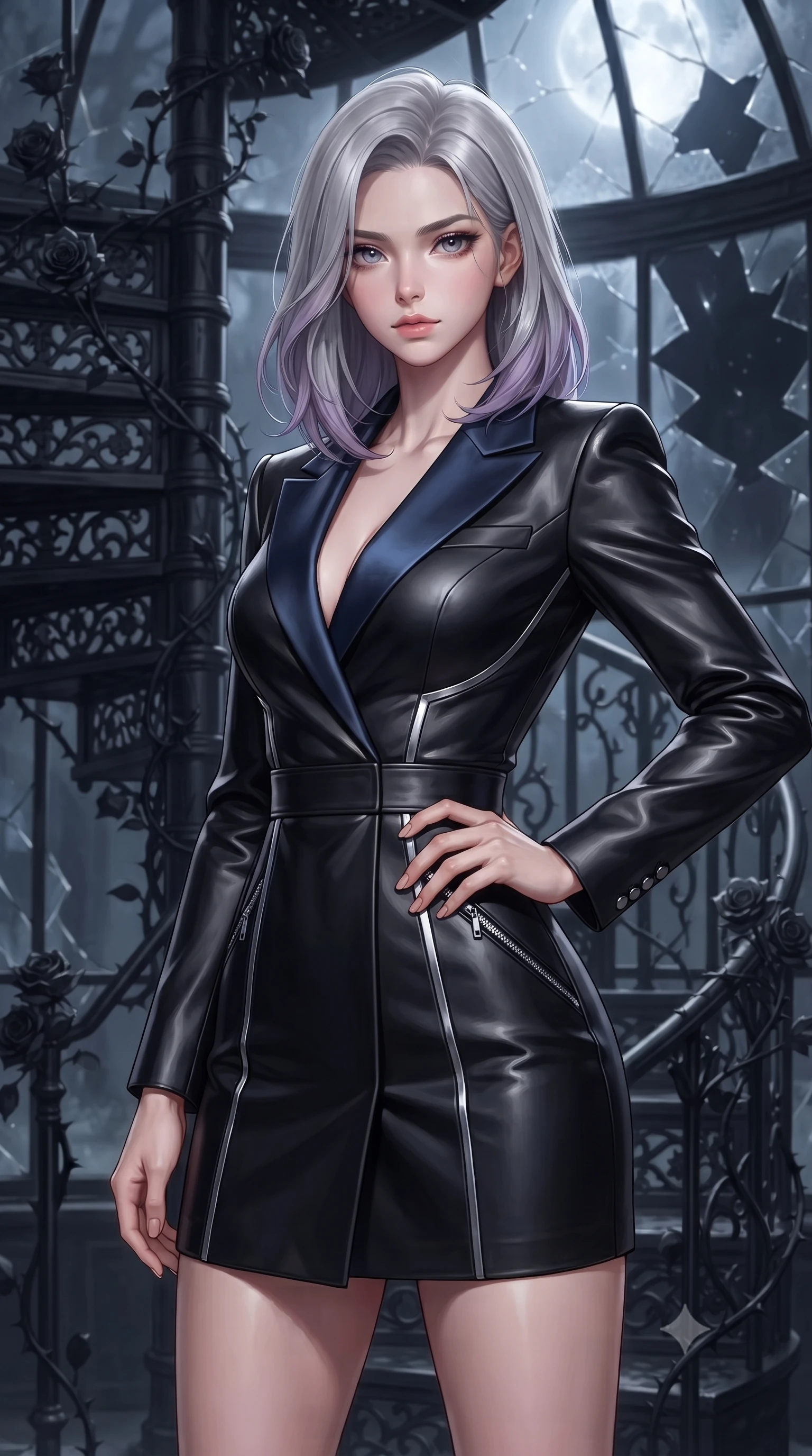 score_9, masterpiece, best quality, ultra-detailed, high-budget anime keyframe, editorial fashion photography, tasteful artistic composition, Caucasian woman. close-up cowboy shot from the waist and thighs up, the character dominates the composition, filling the frame with her large presence, background elements kept in soft focus. Holding a confident power pose with one hand on her hip, poised near a dark iron spiral staircase wrapped in thorny black rose vines, shattered dark glass panes reflecting cold silver moon rays. She has an exceptionally elegant, slender, and willowy female figure with an ultra-slim waist, a gracefully sculpted slender torso, and a refined silhouette. sharp v-shaped jawline, high-bridge nose, intricate jewel-like eyes with depth, thick eyelashes, glossy lips with a natural sheen. wearing tailored onyx black tux dress with silk lapels and fitted waist in midnight navy blue, made of polished black leather, finished with metallic silver boning and sleek zipper points, sculpting her athletic slender build with refined precision. illuminated by cold silver moonlight filtering through dark greenhouse glass. ultra-reflective glossy finish, specular highlights, metallic sheen, high-contrast stereoscopic depth, volumetric dynamic lighting, 2k, ultra detail, master piece, 9:16 ratio