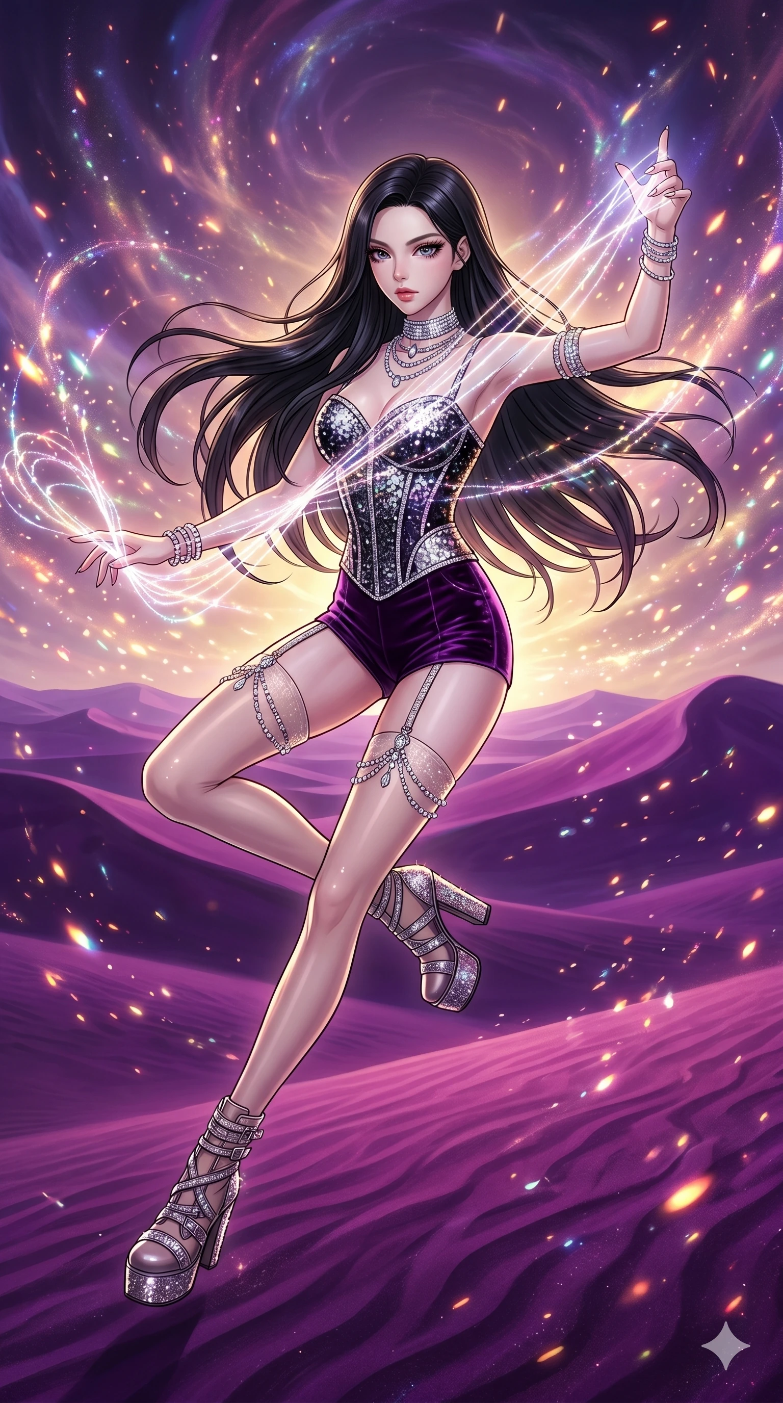 score_9, masterpiece, best quality, ultra-detailed, high-budget anime movie keyframe, cinematic anime lighting, intricate line art, Caucasian (strictly human ears) woman. Dynamic full-body shot stretching the vertical silhouette across the 9:16 frame. weaving threads of light in a desert of purple sands in a storm of sparks. She has an absolutely perfect 8-heads proportion, an exceptionally tall and slender female figure with an ultra-slim waist and impossibly long slender legs. sharp v-shaped jawline, high-bridge nose, intricate jewel-like eyes, thick eyelashes, glossy lips. Wearing luxurious K-pop idol stage outfit featuring a sparkling sequined corset, high-cut velvet shorts, and sheer silk stockings with garter belts, accessorized with crystal chokers. The scene is illuminated by dramatic atmospheric lighting and vibrant color palettes. , 2k, ultra detail, master piece, 9:16 ratio