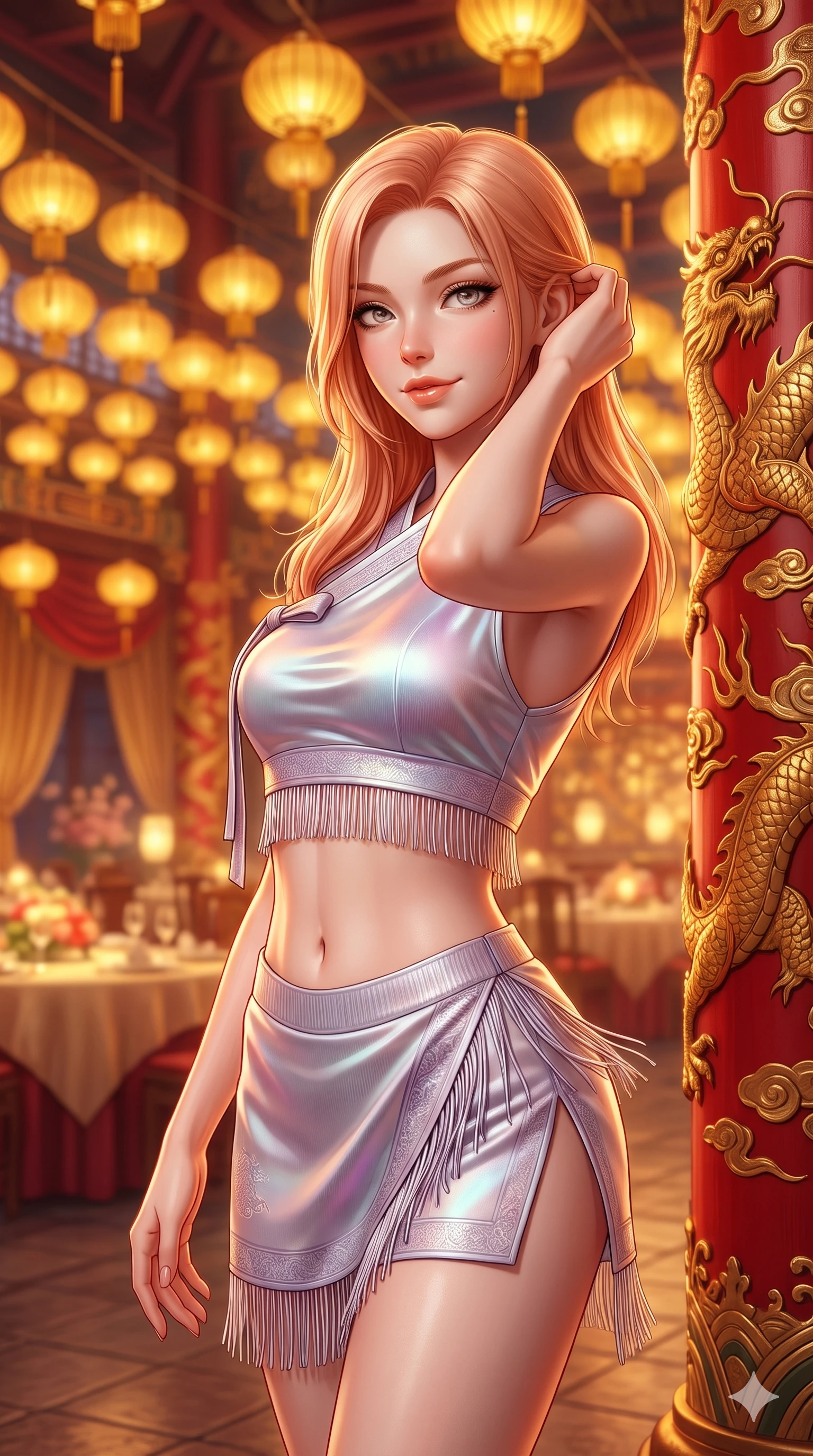 score_9, masterpiece, best quality, ultra-detailed, high-budget anime keyframe, semi-realistic 3D game render, editorial fashion photography, tasteful artistic composition, Japanese woman. close-up cowboy shot from the waist and thighs up, the character dominates the composition, filling the frame with her large presence. gently brushing a lock of silk hair behind her ear while casting a playful, flirtatious side-gaze with long eyelashes while twisting her slender torso in an alluring contrapposto stance beside the towering red lacquer pillars, golden lantern light dancing across her curves. The background shows a soft-focus hundreds of glowing gold silk lanterns suspended from high ceilings, carved dragon pillars, and banquet drapes blurred into gold, amber, and crimson bokeh. She has an exceptionally elegant, slender, and willowy female figure with an ultra-slim waist, flat toned midriff, narrow ribcage, and sculpted feminine hips creating an alluring, slim hourglass silhouette without bulk. sharp v-shaped jawline, high-bridge nose, sparkling eyes with hypnotic seductive depth, thick curled eyelashes, glossy parted lips with a natural dewy peach sheen, alluring bedroom-eyes with an enchanting coquettish smile, exuding magnetic siren charisma and sophisticated glamour, flawlessly proportioned anatomical accuracy, strict slender model proportions, natural body alignment, perfectly sculpted long slender limbs, ultra-slim waistline, clean dynamic posture without body distortion. wearing a liquid-look silk satin jeogori crop top with low-back scoop paired with high-slit wrap mini shorts in iridescent mother-of-pearl and misty lavender, tailored from fine ribbed modal knit with gentle elastic contouring and soft hand-feel, finished with delicate silk fringe trim fluttering along her hip line with kinetic charm, the precision-cut side openings and low-back scoop framing her graceful spine and the sensual sweep of her slim, toned hips. bathed in the warm, glorious amber glow of hundreds of floating silk lanterns casting flattering dimensional illumination. highly saturated vibrant anime colors, detailed shading with soft gradients, rich glossy textures, high-contrast stereoscopic depth, volumetric dynamic lighting, master piece, 9:16 ratio