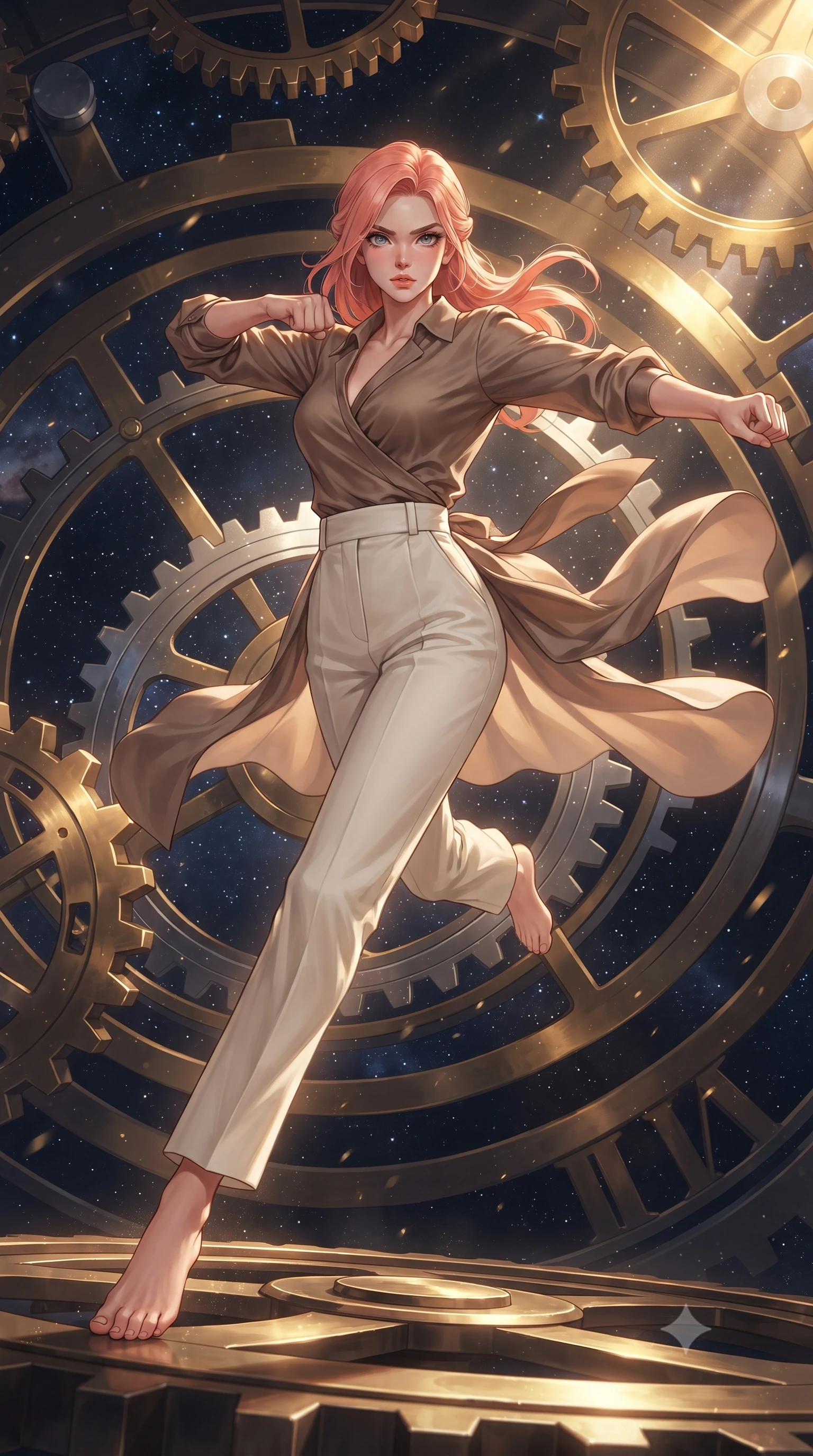 score_9, masterpiece, best quality, ultra-detailed, high-budget anime keyframe, editorial fashion photography, tasteful artistic composition, realistic cosplay photography, Japanese woman. low angle full-body shot from head to toe showing her feet, filling the entire 9:16 vertical frame with her statuesque presence, stretching her vertical silhouette. lunging forward with a piercing thrust, her entire silhouette stretched in action through inside a cosmic clockwork mechanism, with massive brass and silver gears rotating slowly, starfields visible between teeth. She has a statuesque 8.5-heads proportion, an exceptionally tall, slender and willowy model-like build with impossibly long legs and a highly sculpted ultra-slim waist. sharp v-shaped jawline, high-bridge nose, intricate jewel-like eyes with depth, thick eyelashes, glossy lips with a natural sheen. wearing the lightweight fabric rippling and billowing dramatically with her movement, a slim-fit wrap-style silk blouse in a warm mocha shade, tucked into high-waisted ivory linen trousers. golden hour sunlight streaming in warm shafts with floating dust particles catching the light. ultra-reflective glossy finish, specular highlights, metallic sheen, high-contrast stereoscopic depth, volumetric dynamic lighting, 2k, ultra detail, master piece, 9:16 ratio