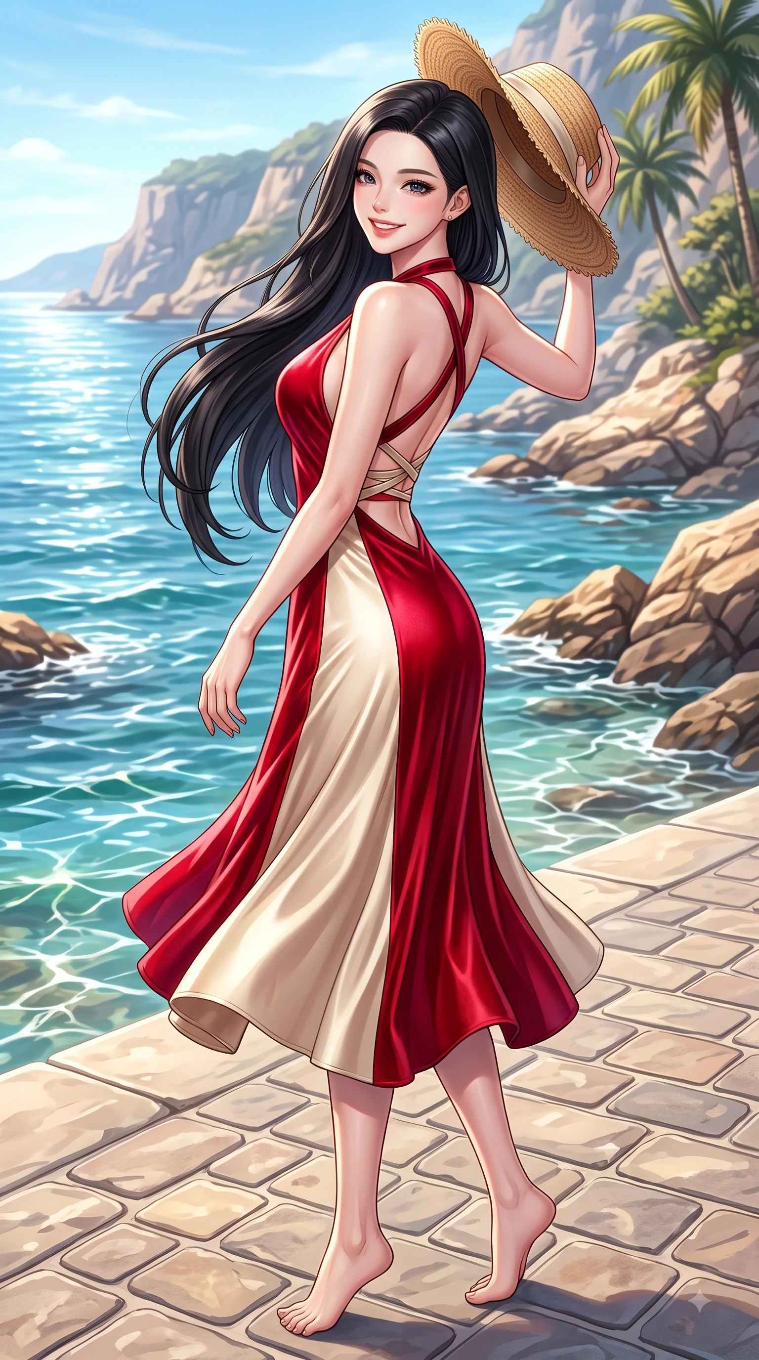 score_9, masterpiece, best quality, ultra-detailed, high-budget anime keyframe, editorial fashion photography, tasteful artistic composition, Korean woman. low angle full-body shot from head to toe showing her feet, filling the entire 9:16 vertical frame with her statuesque presence, stretching her vertical silhouette. pivoting dynamically with a fresh infectious smile, her ultra-slim waist creating a sweeping fluid curve while holding her straw hat lightly against the fresh sea breeze while smiling at the camera. The surrounding environment is rendered in vivid detail and crisp panoramic clarity. glistening ocean water refractions and coastal scenery rendered with sharp environmental detail. She has an absolutely perfect, statuesque 8.5-heads proportion, an exceptionally tall and slender model-like female figure with impossibly long slender legs and an ultra-slim waist. sharp v-shaped jawline, high-bridge nose, intricate jewel-like eyes with depth, thick eyelashes, glossy lips with a natural sheen, flawlessly proportioned anatomical accuracy, natural body alignment, perfectly sculpted elegant limbs, clean dynamic posture without body distortion. wearing a velvet halter-neck midi dress fitting her statuesque contour flawlessly in vivid crimson red and champagne cream, crafted from smooth liquid silk satin, finished with delicate criss-cross back straps highlighting her bare shoulders, the form-contouring material highlighting her ultra-slim waist and long lines. surrounded by a fresh, sun-drenched, and relaxing vacation atmosphere. highly saturated vibrant anime colors, detailed shading with soft gradients, rich glossy textures, high-contrast stereoscopic depth, volumetric dynamic lighting, master piece, 9:16 ratio