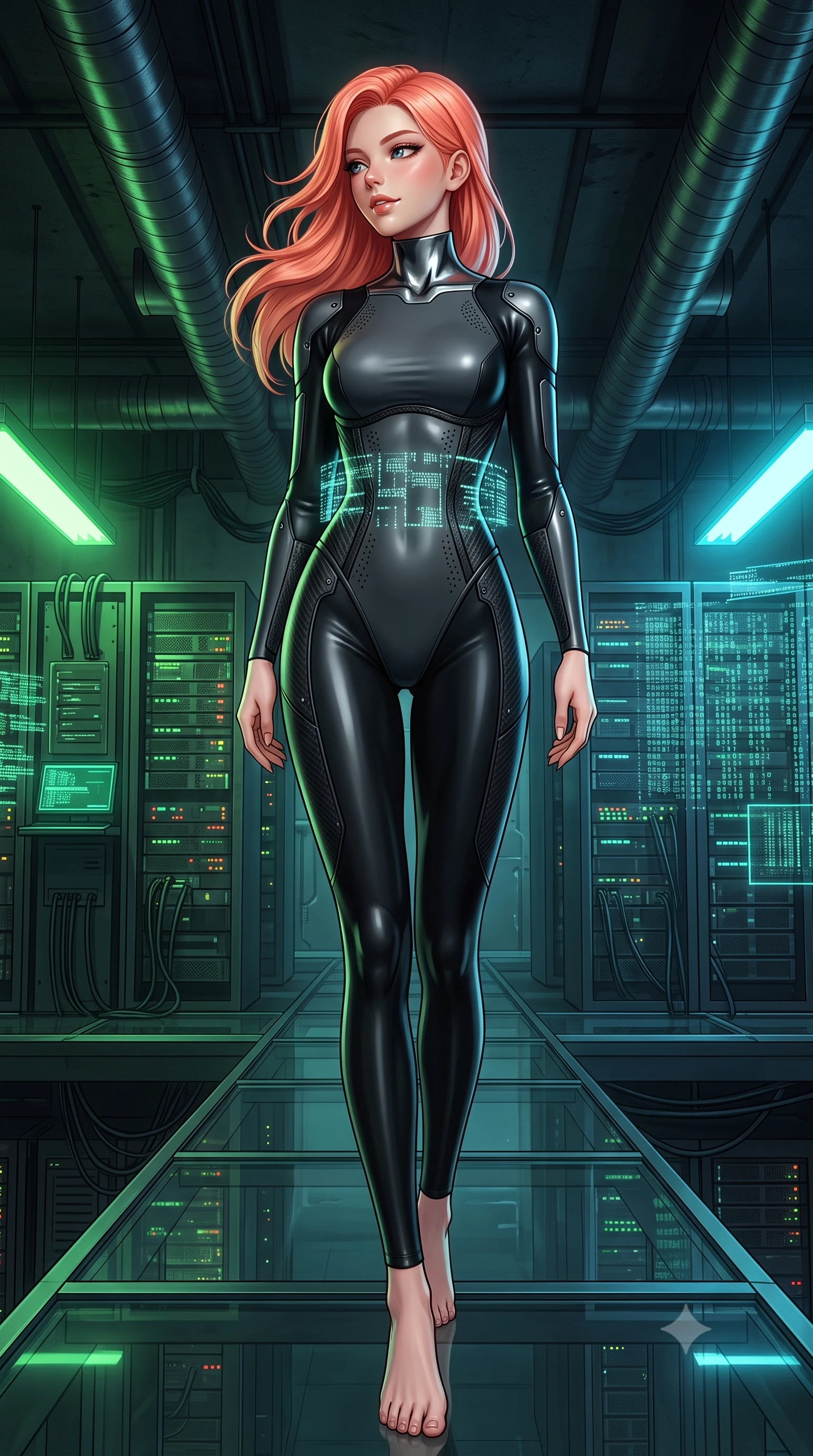 score_9, masterpiece, best quality, ultra-detailed, high-budget anime keyframe, semi-realistic 3D game render, editorial fashion photography, tasteful artistic composition, Japanese woman. low angle full-body shot from head to toe showing her feet, filling the entire 9:16 vertical frame with her statuesque presence, stretching her vertical silhouette. walking slowly along the transparent glass skybridge, looking back over her shoulder with an air of effortless grace and an alluring, smoldering smile while twisting her slender torso in an alluring S-curve amidst server banks, glowing data telemetry projecting intricate matrix patterns across her narrow waist. The background shows a soft-focus flickering server rack LED indicators and industrial ventilation ducts softened in tactical cyberpunk shallow focus. She has an absolutely perfect, statuesque 8.5-heads proportion, an exceptionally tall and slender model-like female figure with impossibly long slender legs, an ultra-slim waist, a flat toned midriff, narrow delicate ribcage, and beautifully sculpted feminine hips creating a graceful, slim hourglass silhouette without any bulky heaviness. sharp v-shaped jawline, high-bridge nose, intricate jewel-like sparkling eyes with depth, thick eyelashes, glossy parted lips with a natural sheen, bright confident smile with an enchanting and coquettish sensual glint, exuding both youthful magnetic charm and sovereign high-tech allure, flawlessly proportioned anatomical accuracy, strict slender model proportions, natural body alignment, perfectly sculpted long slender limbs, ultra-slim waistline, clean dynamic posture without body distortion. wearing a form-contouring cybernetic combat suit in matte black latex and carbon fiber, tracing her willowy silhouette with a high neck in reflective liquid mercury and matte phantom grey, made of high-grade ballistic nylon with precision laser-cut perforations, finished with delicate carbon-fiber boning framing the narrow waistline, the high-waisted tailoring accentuating her ultra-slim waistline and the enchanting curve of her feminine hips with alluring dark charm. bathed in moody neon green and laser cyan terminal light contrasting with deep industrial shadows. highly saturated vibrant anime colors, detailed shading with soft gradients, rich glossy textures, high-contrast stereoscopic depth, volumetric dynamic lighting, master piece, 9:16 ratio