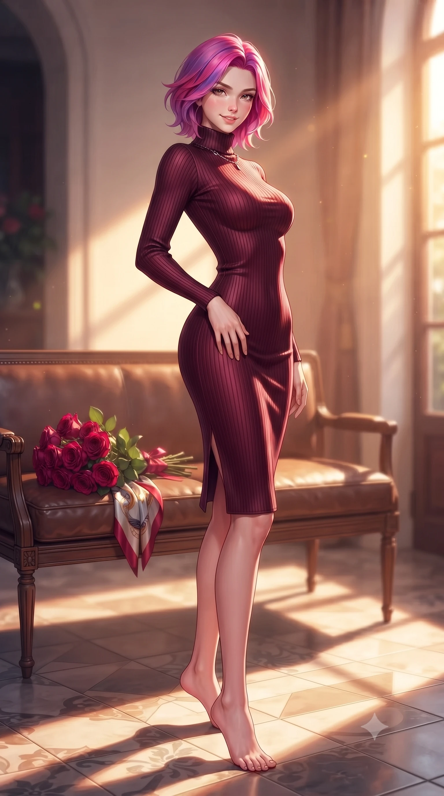 score_9, masterpiece, best quality, ultra-detailed, high-budget anime keyframe, editorial fashion photography, tasteful artistic composition, Caucasian woman. low angle full-body shot from head to toe showing her feet, filling the entire 9:16 vertical frame with her statuesque presence, stretching her vertical silhouette. standing in a captivating power pose with her back slightly arched, resting one hand near her hip with a magnetic smile set against a soft-focus background of inside an exclusive sunroom alcove with a bouquet of crimson roses and a silk scarf resting on the leather seat. She has an absolutely perfect, statuesque 8.5-heads proportion, an exceptionally tall and slender model-like female figure with impossibly long slender legs and an ultra-slim waist. sharp v-shaped jawline, high-bridge nose, intricate jewel-like eyes with depth, thick eyelashes, glossy lips with a natural sheen. wearing body-hugging deep burgundy liquid satin form-fitting ribbed knit turtleneck dress outlining her slender silhouette accented with delicate silver hardware. bathed in warm golden hour sunbeams that cast long, romantic shadows across the floor. highly saturated vibrant anime colors, detailed shading with soft gradients, rich glossy textures, high-contrast stereoscopic depth, volumetric dynamic lighting, master piece, 9:16 ratio