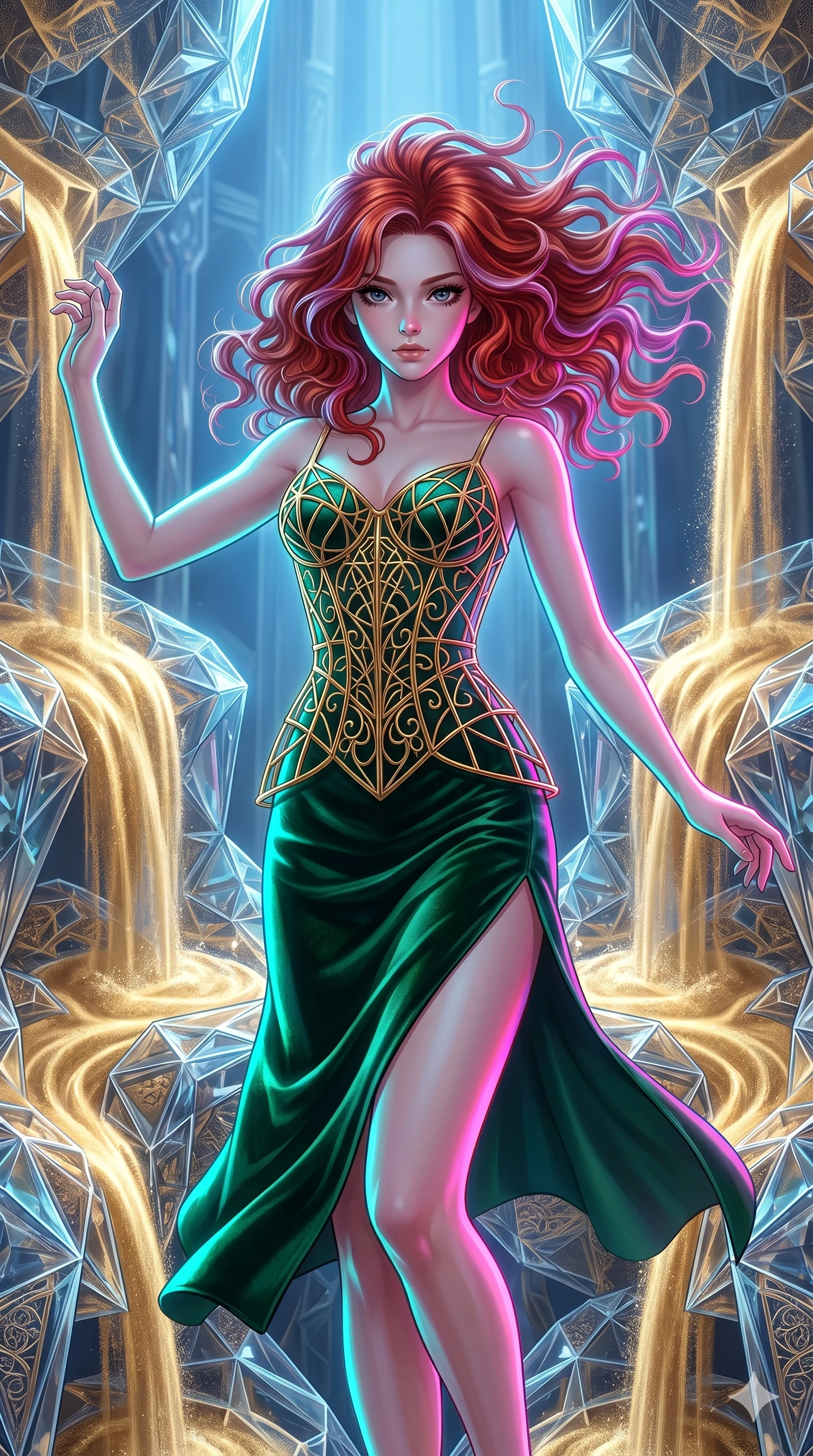 score_9, masterpiece, best quality, ultra-detailed, high-budget anime keyframe, Japanese woman. upper body close-up from the thighs up, character filling the screen for maximum presence. descending through a fractal quicksand temple where golden sand waterfalls transform into glass crystals, revealing intricate repeating patterns. She has an absolutely perfect 8-heads proportion, an exceptionally tall and slender female figure with impossibly long slender legs and an ultra-slim waist. V-shaped jawline, high-bridge nose, intricate jewel-like eyes with depth, thick eyelashes, glossy lips with a natural sheen.. wearing a mathematical gold wire cage corset and an emerald green silk velvet slip dress with a thigh-high side slit. bathed in brilliant cinematic volumetric lighting and intense neon rim light highlighting her slender form. 2k, ultra detail, master piece, 9:16 ratio