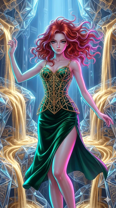score_9, masterpiece, best quality, ultra-detailed, high-budget anime keyframe, Japanese woman. upper body close-up from the thighs up, character filling the screen for maximum presence. descending through a fractal quicksand temple where golden sand