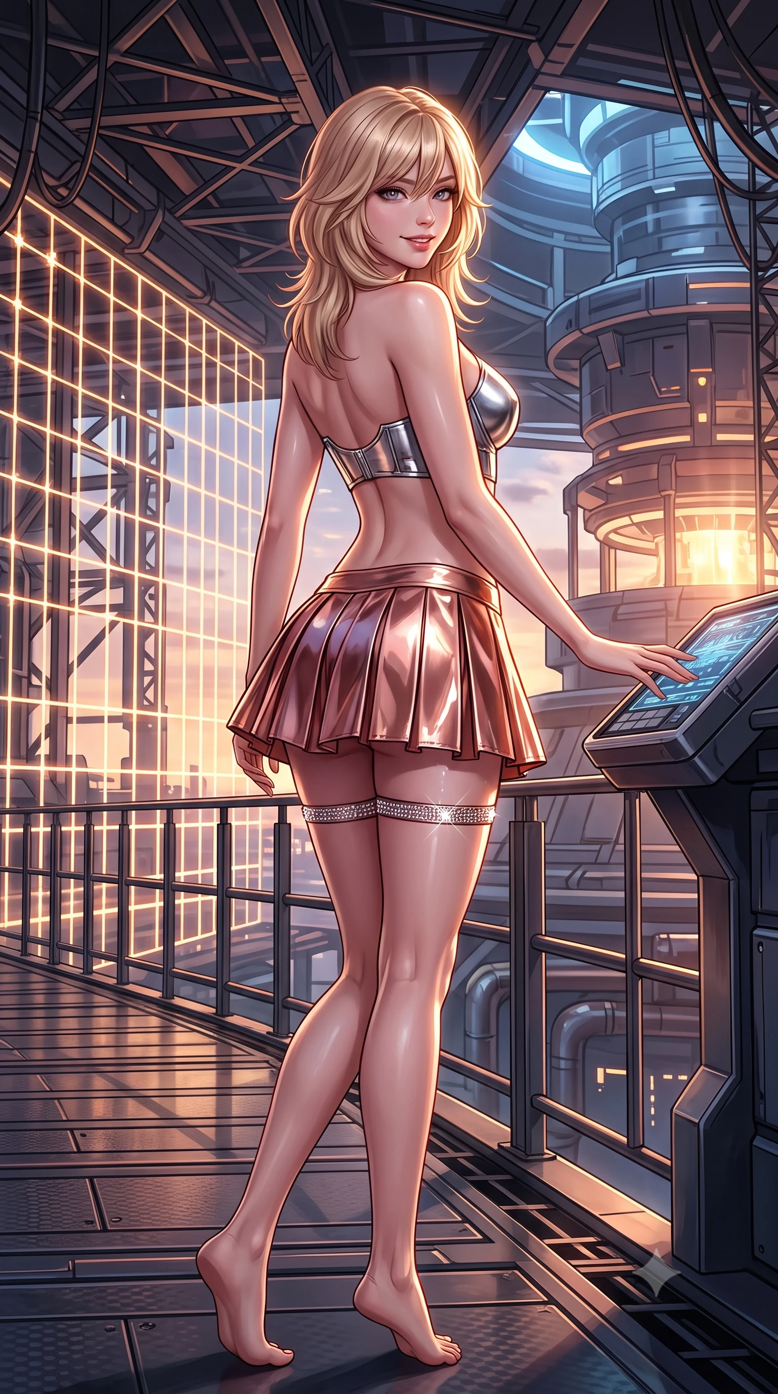 score_9, masterpiece, best quality, ultra-detailed, high-budget anime keyframe, semi-realistic 3D game render, editorial fashion photography, tasteful artistic composition, Japanese woman. low angle full-body shot from head to toe showing her feet, filling the entire 9:16 vertical frame with her statuesque presence, stretching her vertical silhouette. walking along the terrace with poise, looking back over her bare shoulder with an irresistible smoldering bedroom-gaze while leaning against the magnetic stabilizer console with hips cocked back, looking through the shimmering laser containment grid with intoxicated smoldering bedroom-eyes. The surrounding environment is rendered in vivid detail and crisp panoramic clarity: detailed anime styling, glossy highlights, and monumental fusion energy craft in high resolution. She has an exceptionally tall and slender model-like 8.5-heads proportion, an ultra-slim waist, a flat toned midriff, narrow delicate ribcage, and beautifully sculpted feminine hips creating a graceful, slim hourglass silhouette without any bulky heaviness, with impossibly long slender legs. sharp v-shaped jawline, high-bridge nose, intricate jewel-like sparkling eyes with depth, thick eyelashes, glossy parted lips with a natural peach sheen, bright cheerful beaming smile with an enchanting and coquettish sensual glint, exuding both youthful cute charm and seductive allure, flawlessly proportioned anatomical accuracy, strict slender model proportions, natural body alignment, perfectly sculpted long slender limbs, ultra-slim waistline, clean dynamic posture without body distortion. wearing a chrome-plated tactical combat bustier top with reinforced underwire paired with a low-rise pleated micro combat skirt in high-gloss rose-gold and burnished copper, tailored from high-gloss patent leather with mirror-like specular highlights, finished with delicate crystal-encrusted thigh garter straps glinting in the dim light, the precision-cut side openings and low-back scoop framing her graceful spine and the sensual sweep of her slim, toned hips. illuminated by gantry reflection bounce and sharp sunburst-gold rim lights defining her jawline, narrow waist, and curvy hips. highly saturated vibrant anime colors, detailed shading with soft gradients, rich glossy textures, high-contrast stereoscopic depth, volumetric dynamic lighting, master piece, 9:16 ratio
