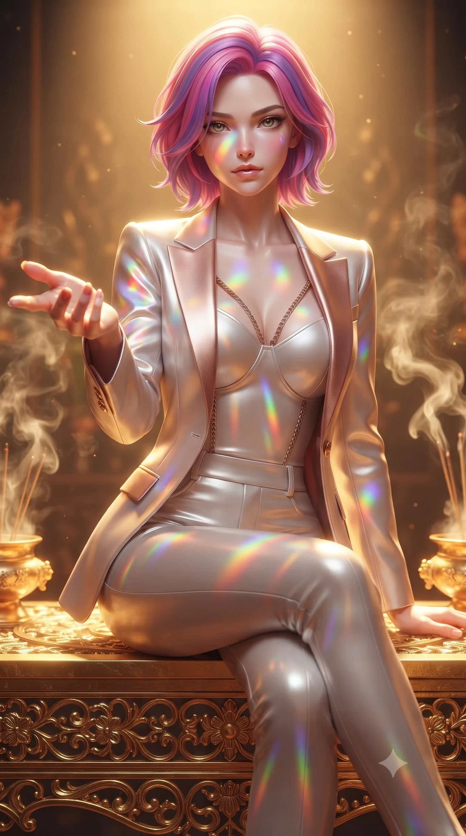 score_9, masterpiece, best quality, ultra-detailed, high-budget anime keyframe, editorial fashion photography, tasteful artistic composition, Caucasian woman. close-up cowboy shot from the waist and thighs up, the character dominates the composition, filling the frame with her large presence, background elements kept in soft focus. Reaching one hand gracefully toward the viewer with effortless superiority and allure poised on a golden filigree altar surrounded by glowing incense vapors, vibrant rainbow light patterns projected across her skin and costume. She has an exceptionally elegant, slender, and willowy female figure with an ultra-slim waist, a gracefully sculpted slender torso, and a refined silhouette. sharp v-shaped jawline, high-bridge nose, intricate jewel-like eyes with depth, thick eyelashes, glossy lips with a natural sheen. wearing a tailored silk blazer over a form-contouring top and fitted slacks in pearl white and rose gold, formed from sleek second-skin neoprene, adorned with delicate metallic chain straps along the neckline, the glove-like fit emphasizing her statuesque silhouette. illuminated by a warm golden key light and brilliant multi-color rim light. ultra-reflective glossy finish, specular highlights, metallic sheen, high-contrast stereoscopic depth, volumetric dynamic lighting, 2k, ultra detail, master piece, 9:16 ratio