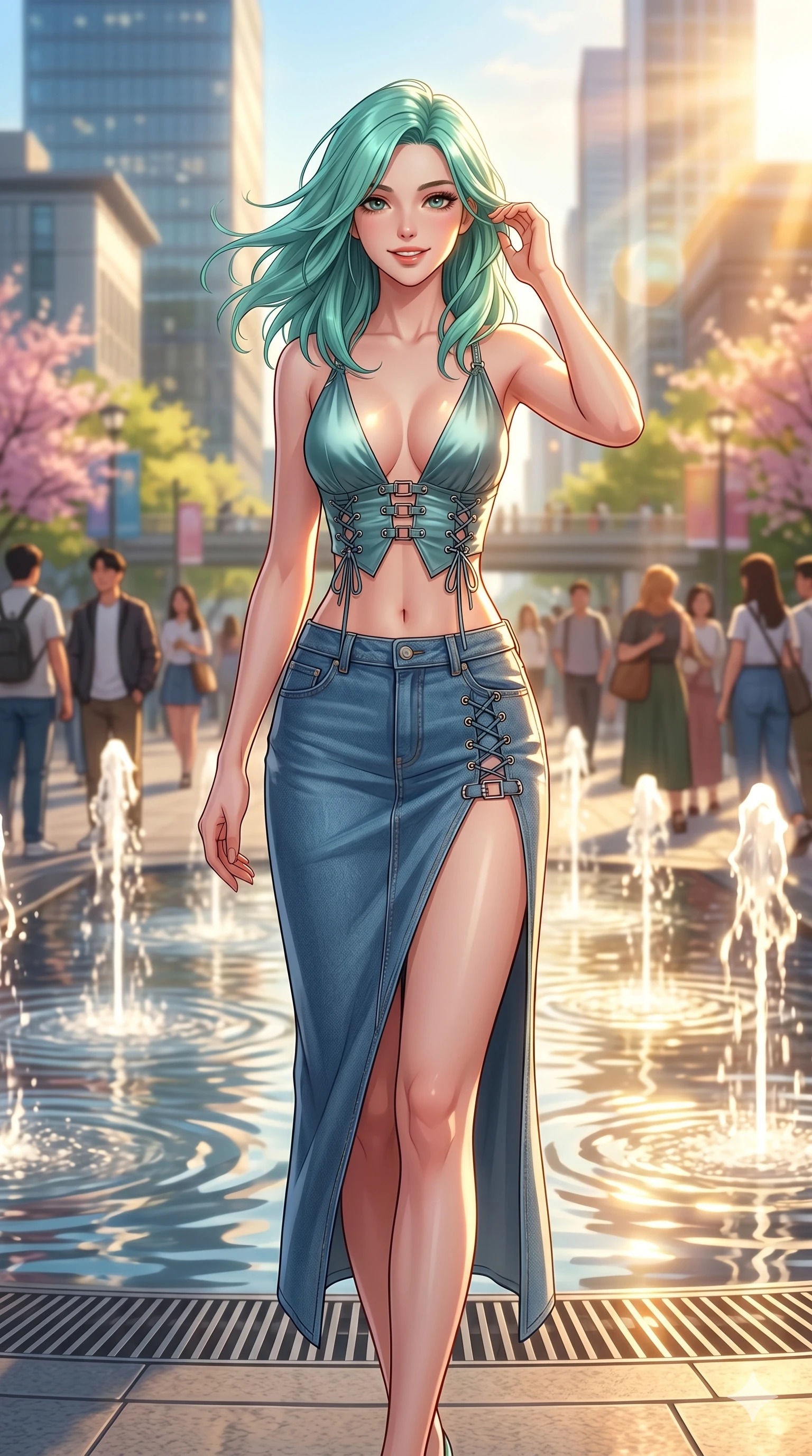 score_9, masterpiece, best quality, ultra-detailed, high-budget anime keyframe, vibrant anime aesthetic, Japanese woman. cowboy shot from the thighs up, character and outfit filling the frame for maximum presence. She is standing tall with a lively smile, her hair blowing gently in the spring breeze by a city fountain plaza under afternoon sun (Code-P20-113). She has an absolutely perfect 8-heads proportion, an exceptionally tall and slender female figure with impossibly long slender legs and an ultra-slim waist. V-shaped jawline, high-bridge nose, intricate jewel-like eyes with depth, thick eyelashes, glossy lips with a natural sheen. wearing a plunging neckline top with exposed waist and high-slit skirt. She is warm golden afternoon sunbeams reflecting off the fountain water, dancing on her face. 2k, ultra detail, master piece, 9:16 ratio